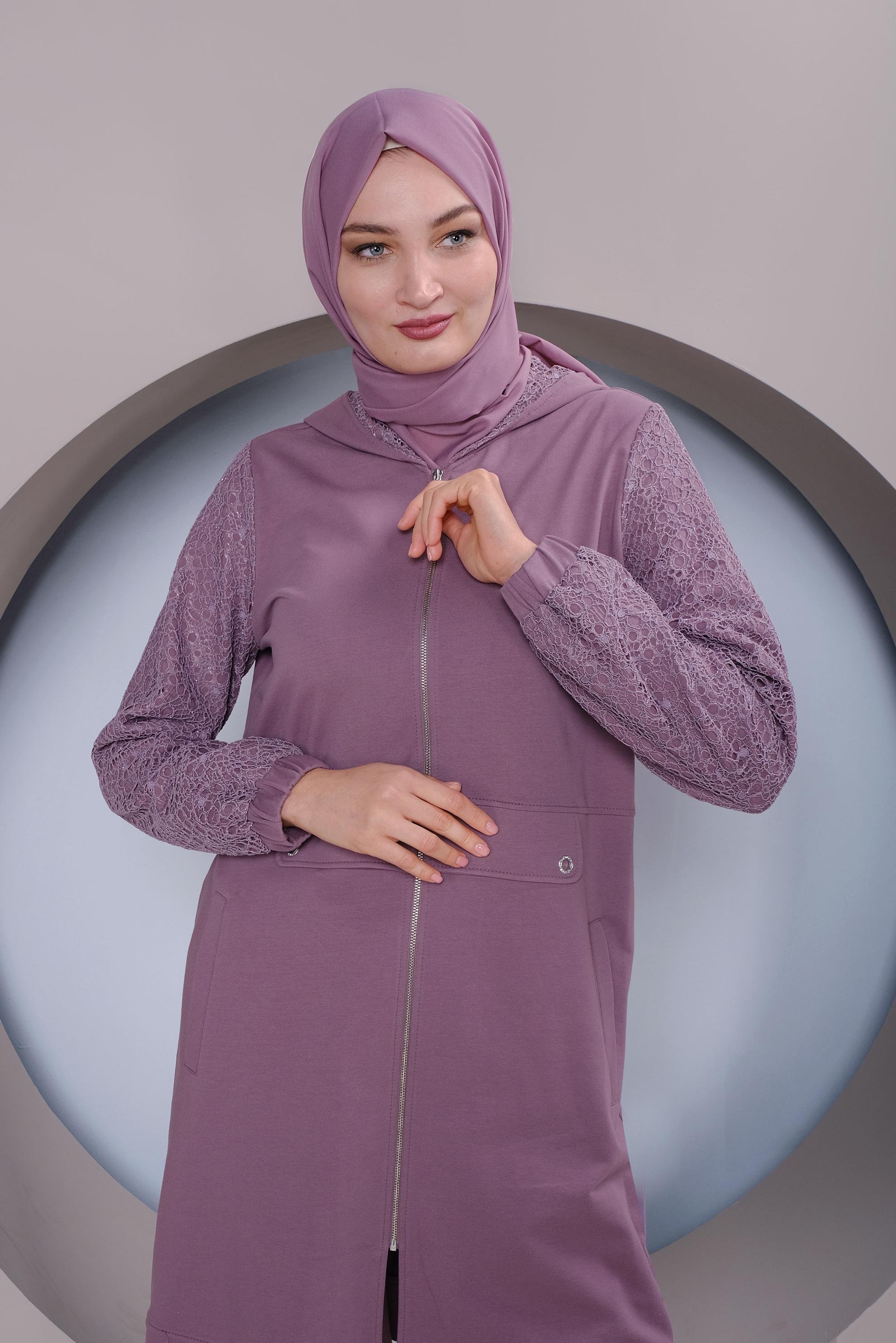 Tesettür giyim MOR KOLLARI GÜPÜR DETAYLI İKİLİ PANTOLONLU EŞOFMAN TAKIMI 41436