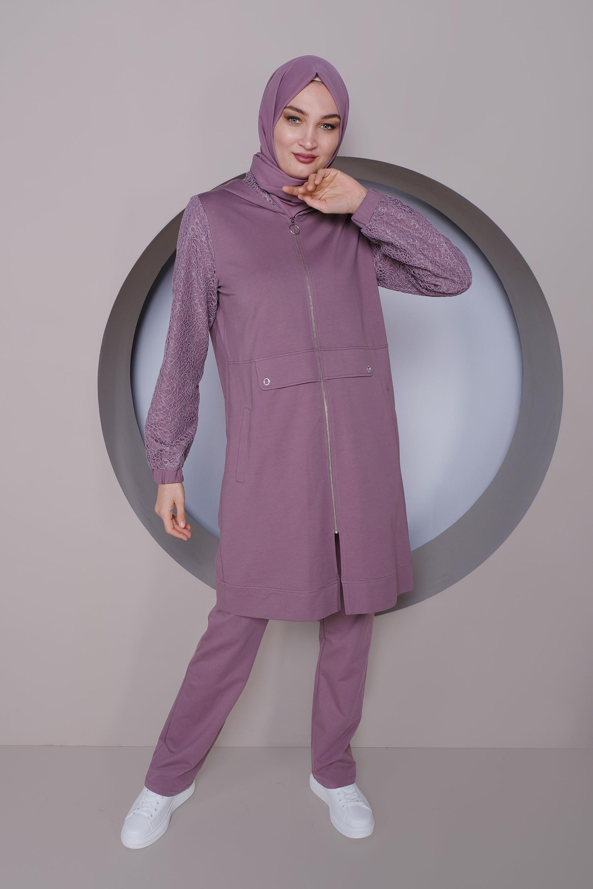 Tesettür giyim MOR KOLLARI GÜPÜR DETAYLI İKİLİ PANTOLONLU EŞOFMAN TAKIMI 41436
