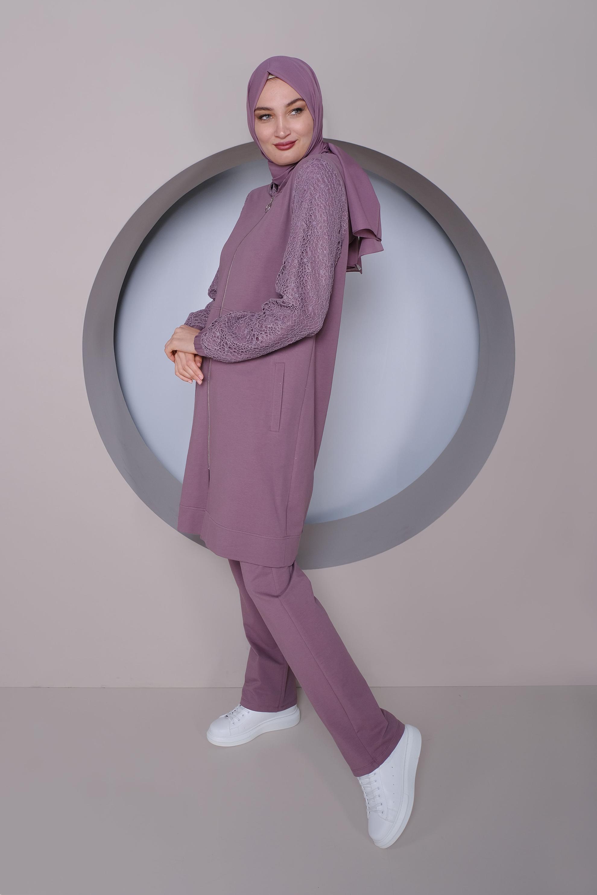 Tesettür giyim MOR KOLLARI GÜPÜR DETAYLI İKİLİ PANTOLONLU EŞOFMAN TAKIMI 41436