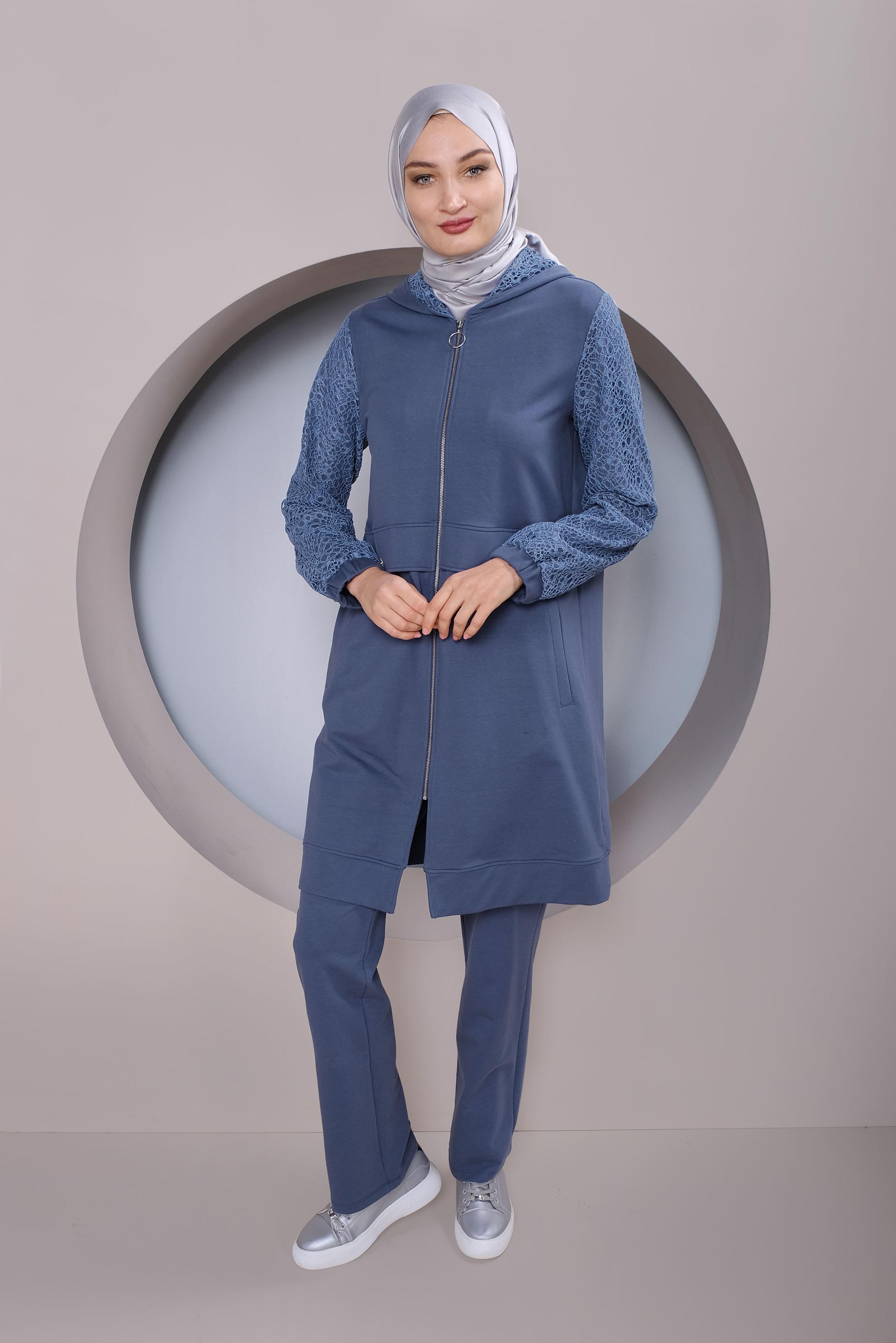 Tesettür giyim LACİVERT KOLLARI GÜPÜR DETAYLI İKİLİ PANTOLONLU EŞOFMAN TAKIMI 41436