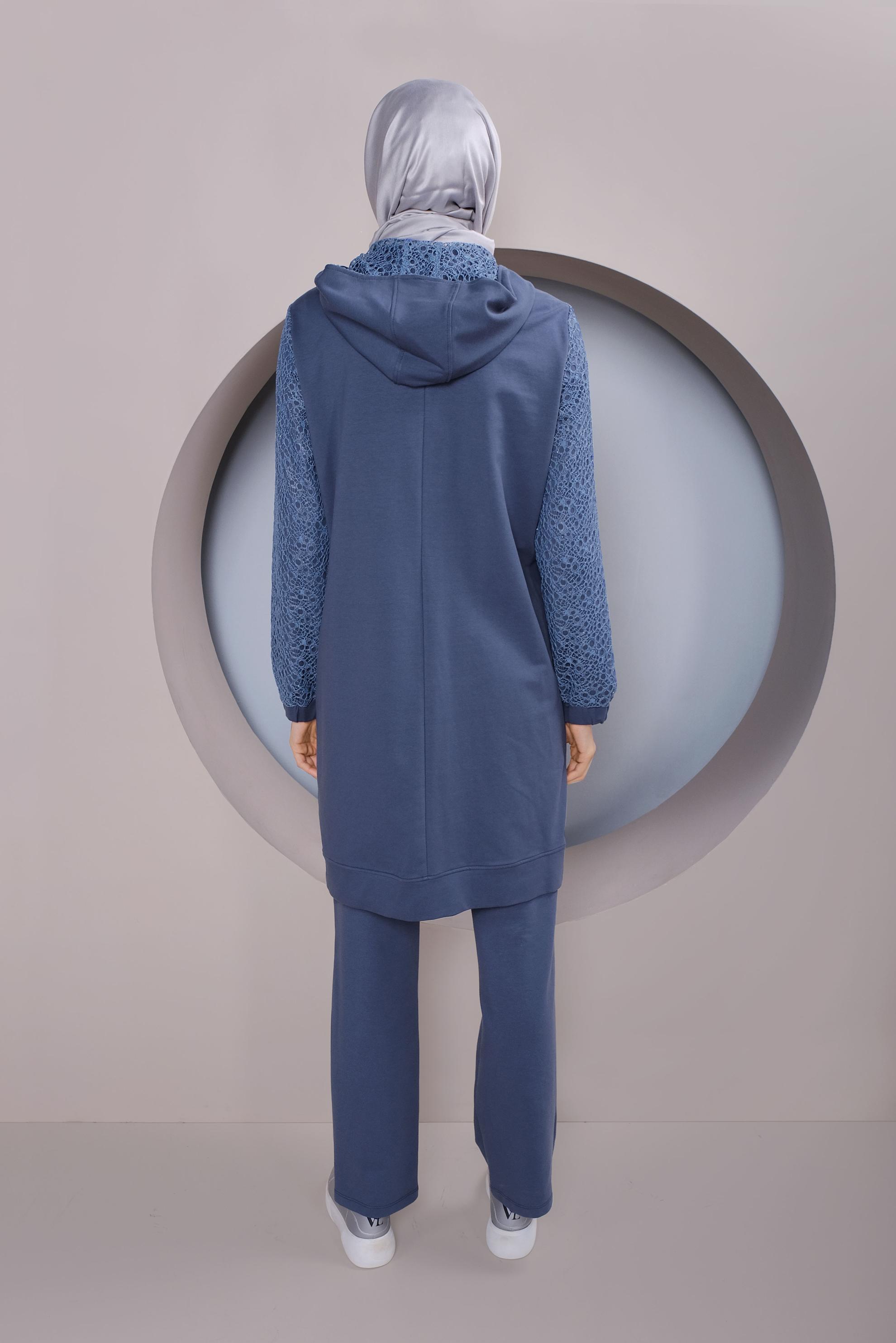 Tesettür giyim LACİVERT KOLLARI GÜPÜR DETAYLI İKİLİ PANTOLONLU EŞOFMAN TAKIMI 41436