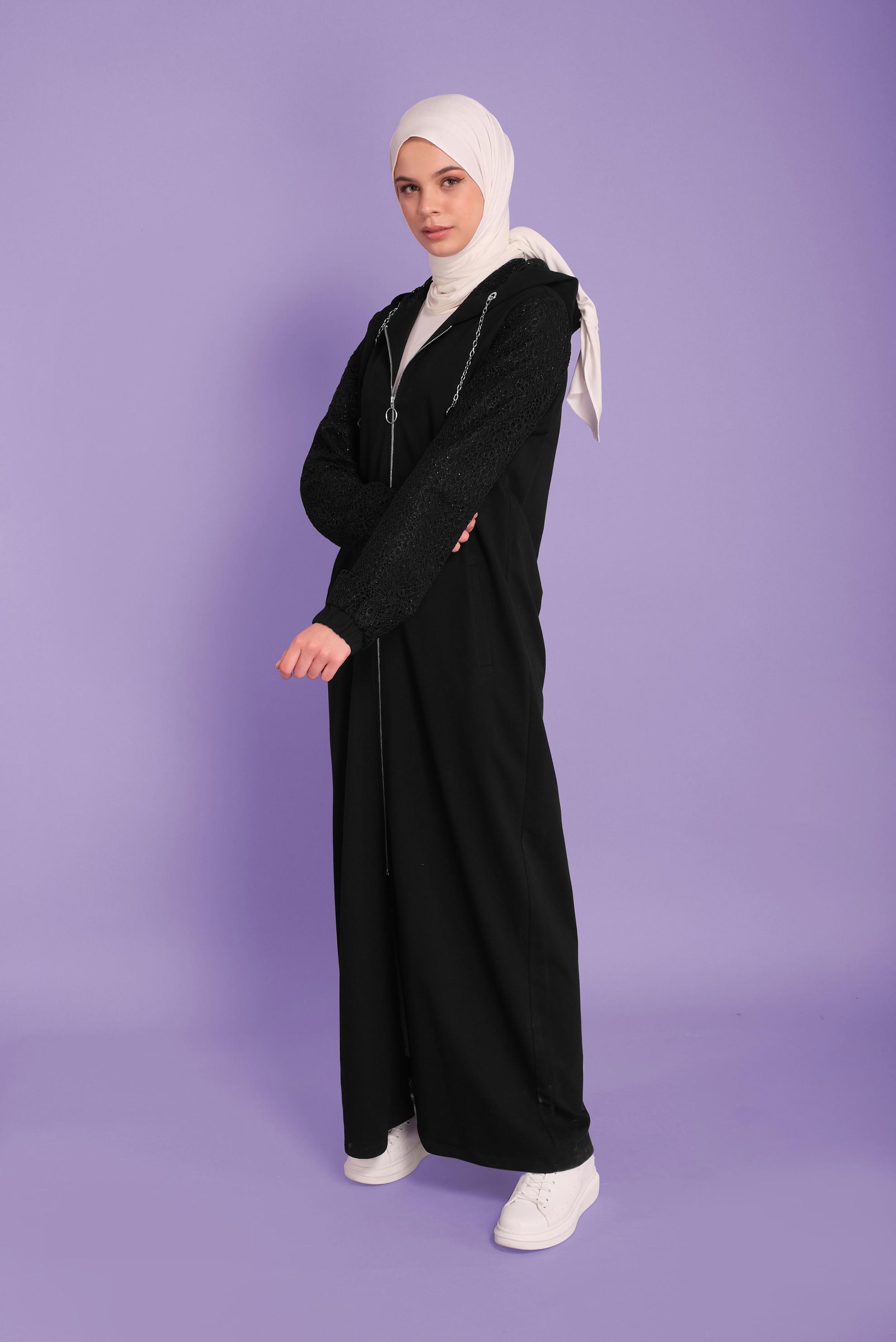 Tesettür giyim SİYAH SİMLİ GÜPÜR DETAYLI EŞOFMAN TUNİK 41437	