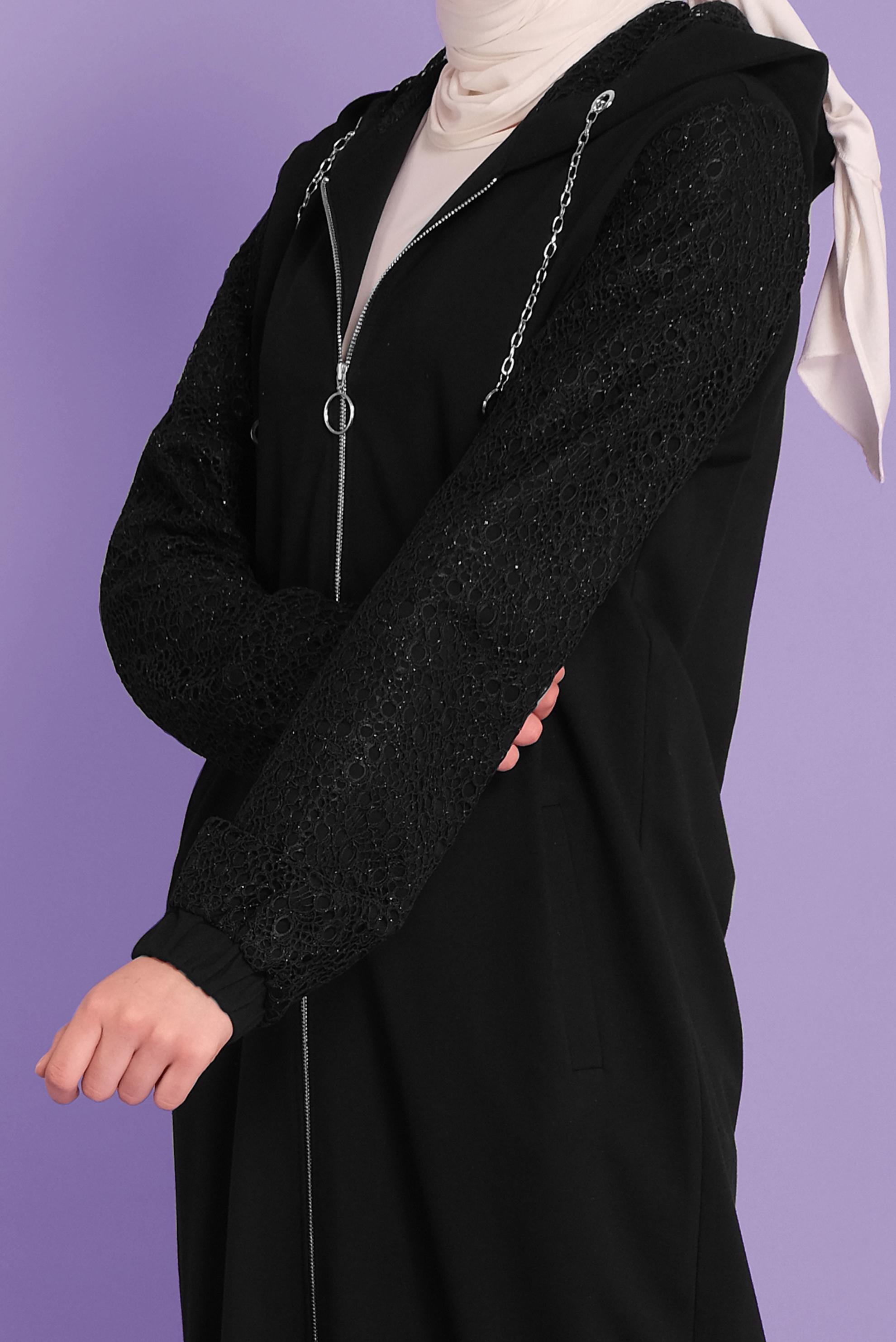 Tesettür giyim SİYAH SİMLİ GÜPÜR DETAYLI EŞOFMAN TUNİK 41437	