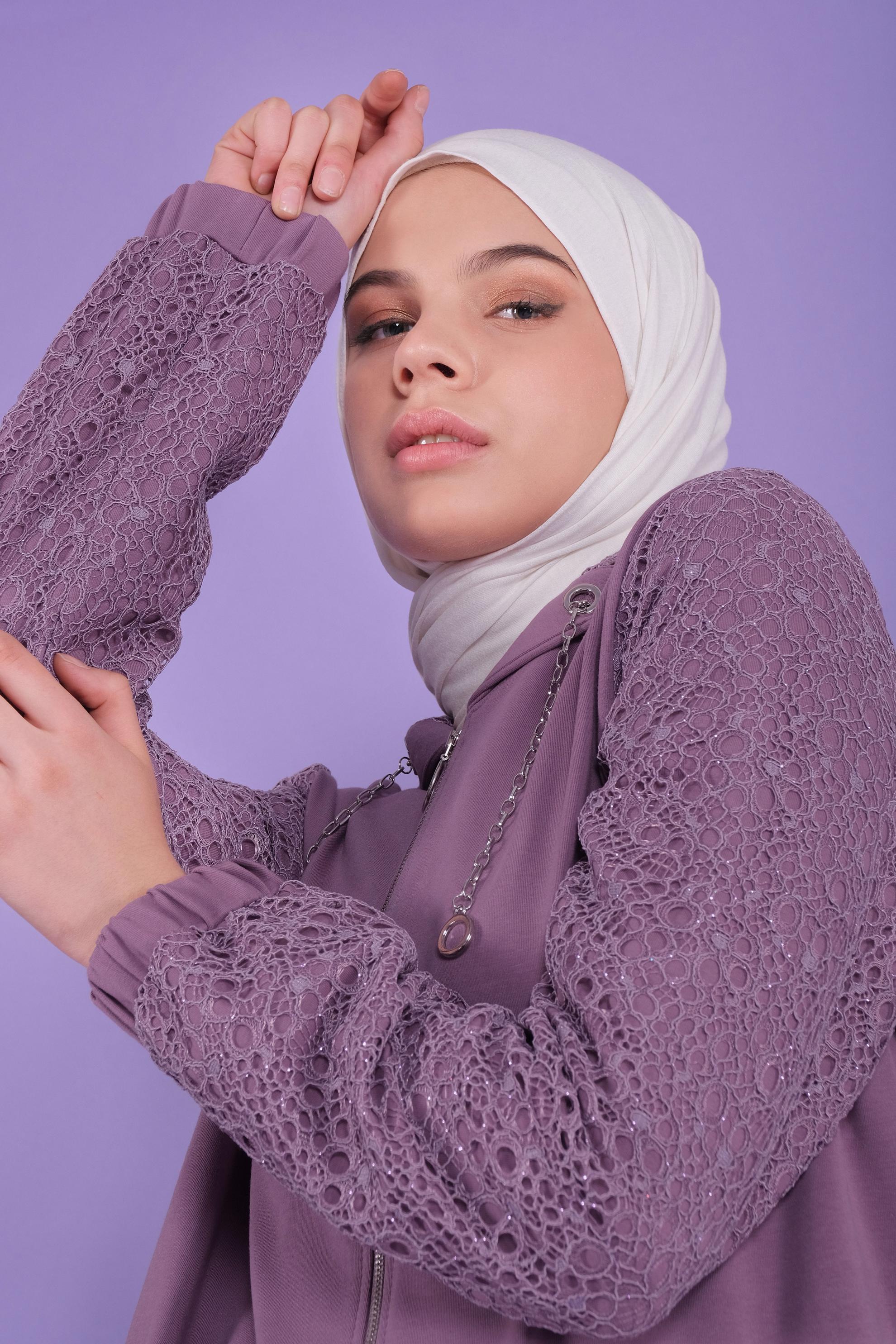 Tesettür giyim MOR SİMLİ GÜPÜR DETAYLI EŞOFMAN TUNİK 41437	