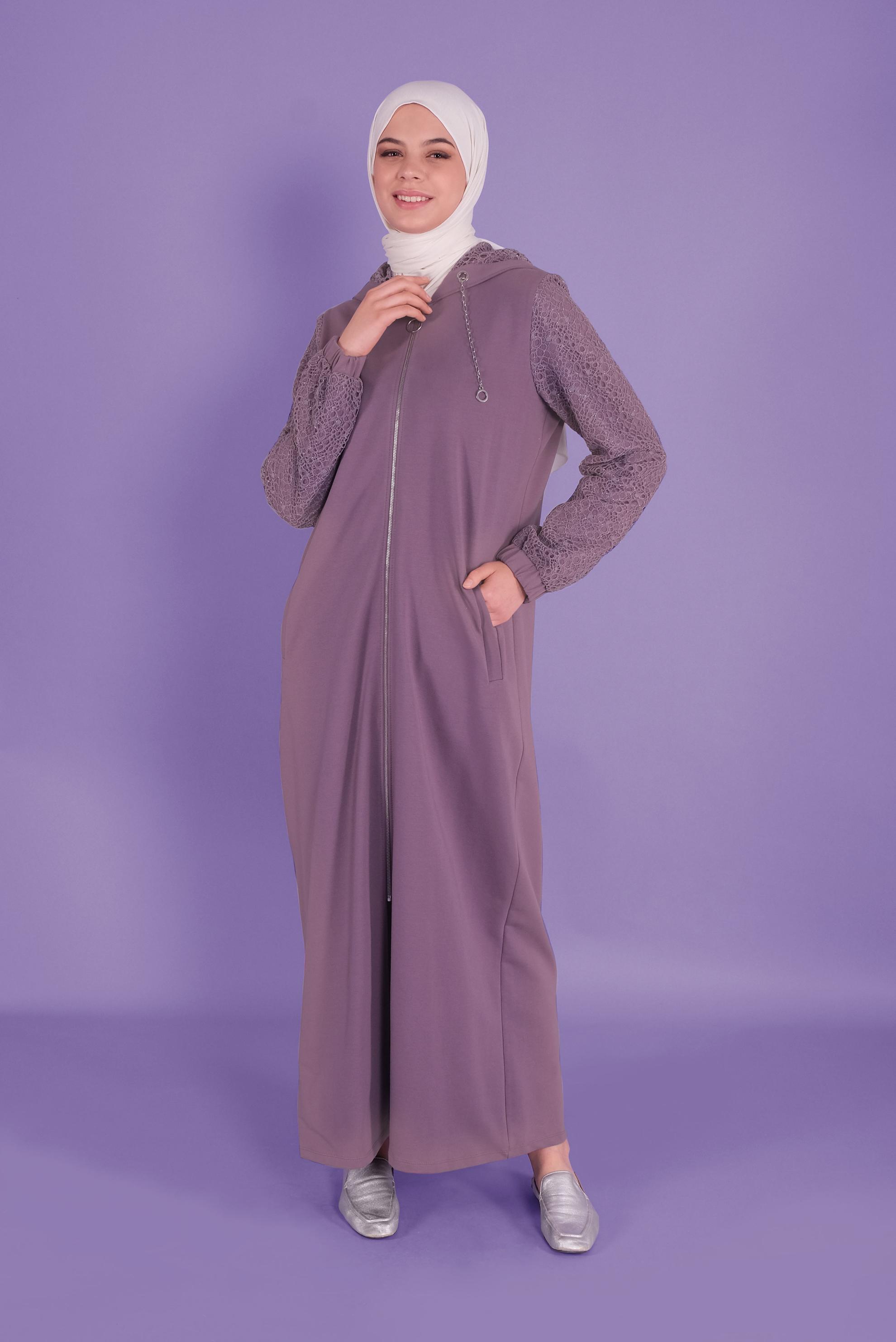 Tesettür giyim MOR SİMLİ GÜPÜR DETAYLI EŞOFMAN TUNİK 41437	