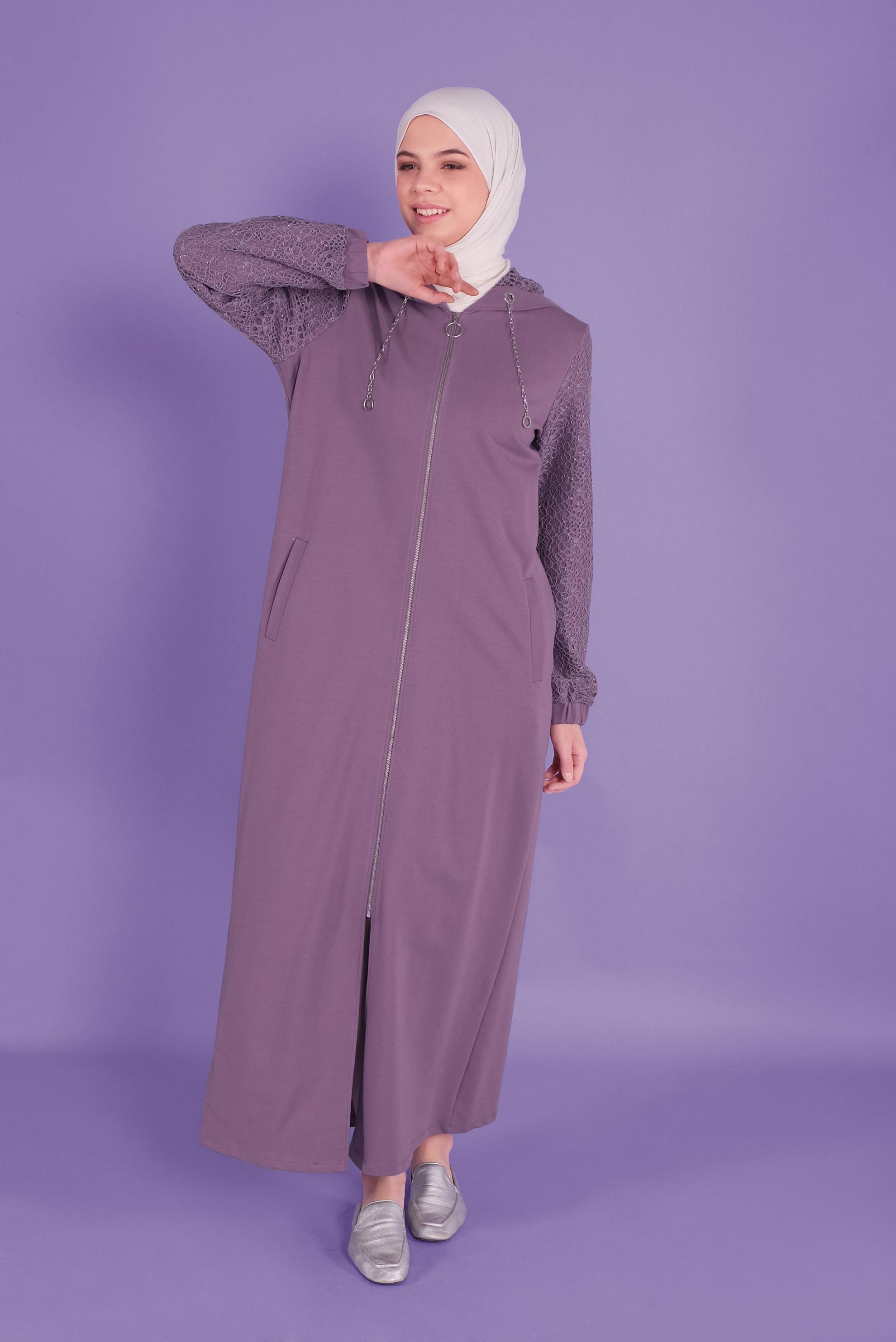 Tesettür giyim MOR SİMLİ GÜPÜR DETAYLI EŞOFMAN TUNİK 41437	