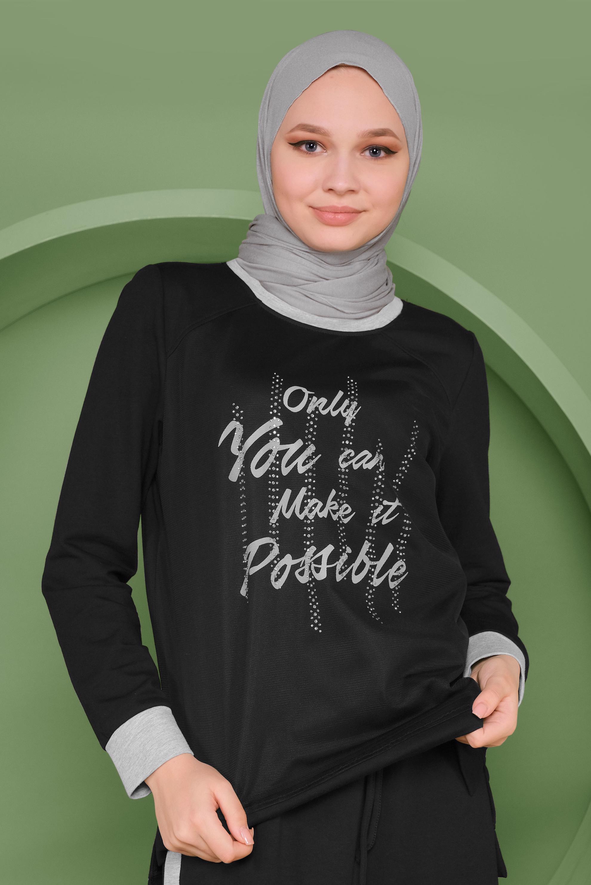 Tesettür giyim SİYAH NAKIŞLI TAŞ BASKILI ETEKLİ EŞOFMAN TAKIM 41438