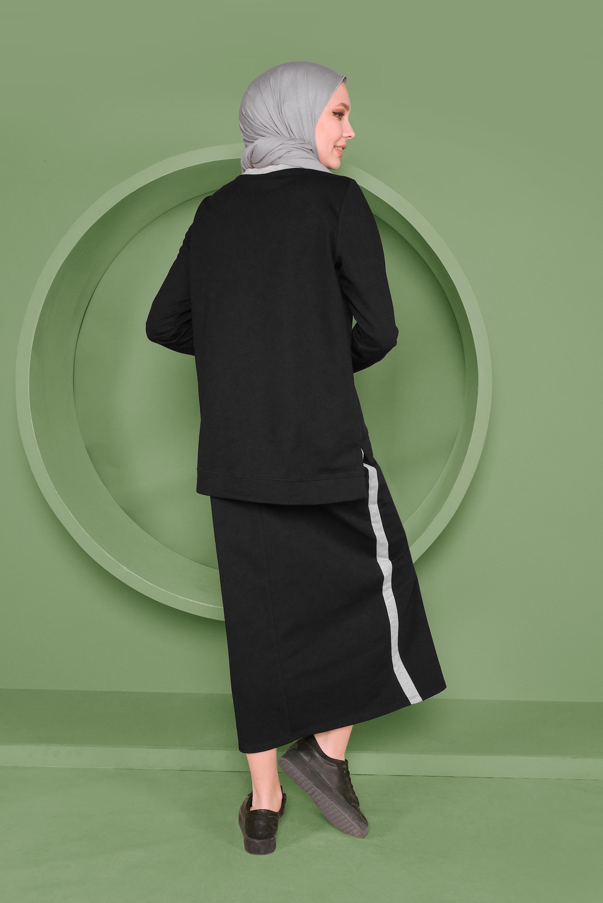 Tesettür giyim SİYAH NAKIŞLI TAŞ BASKILI ETEKLİ EŞOFMAN TAKIM 41438