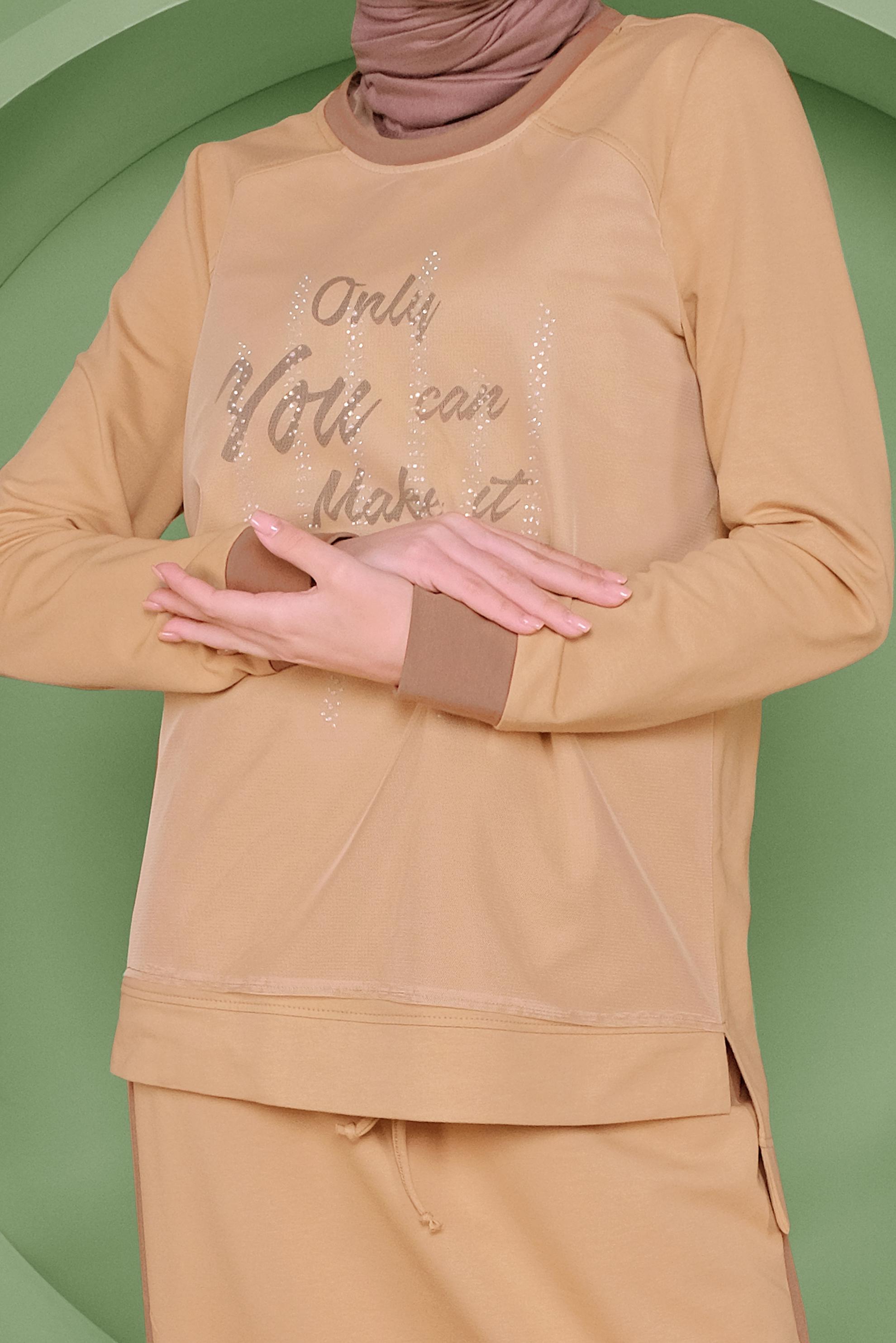 Tesettür giyim KAHVE NAKIŞLI TAŞ BASKILI ETEKLİ EŞOFMAN TAKIM 41438