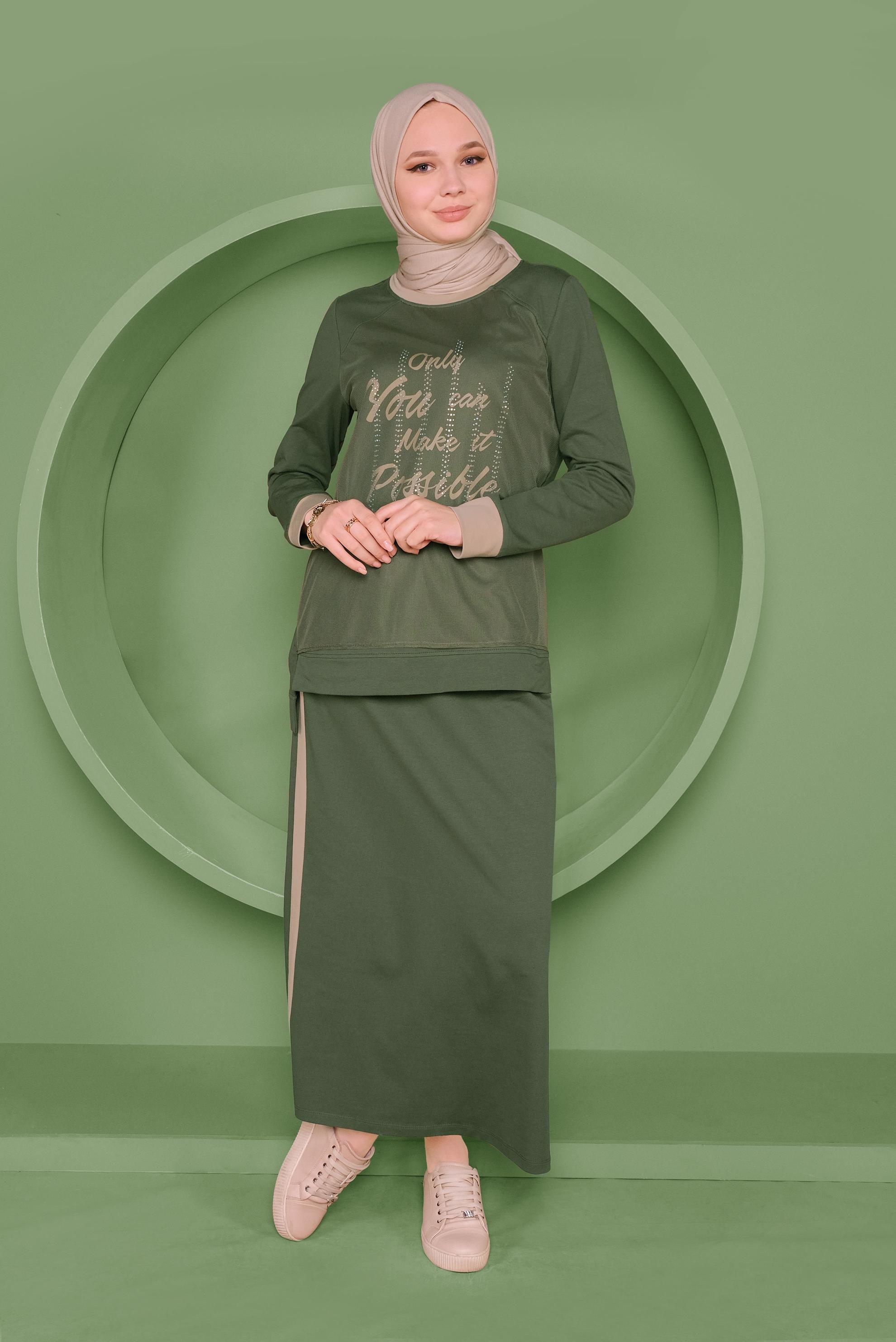 Tesettür giyim HAKİ NAKIŞLI TAŞ BASKILI ETEKLİ EŞOFMAN TAKIM 41438