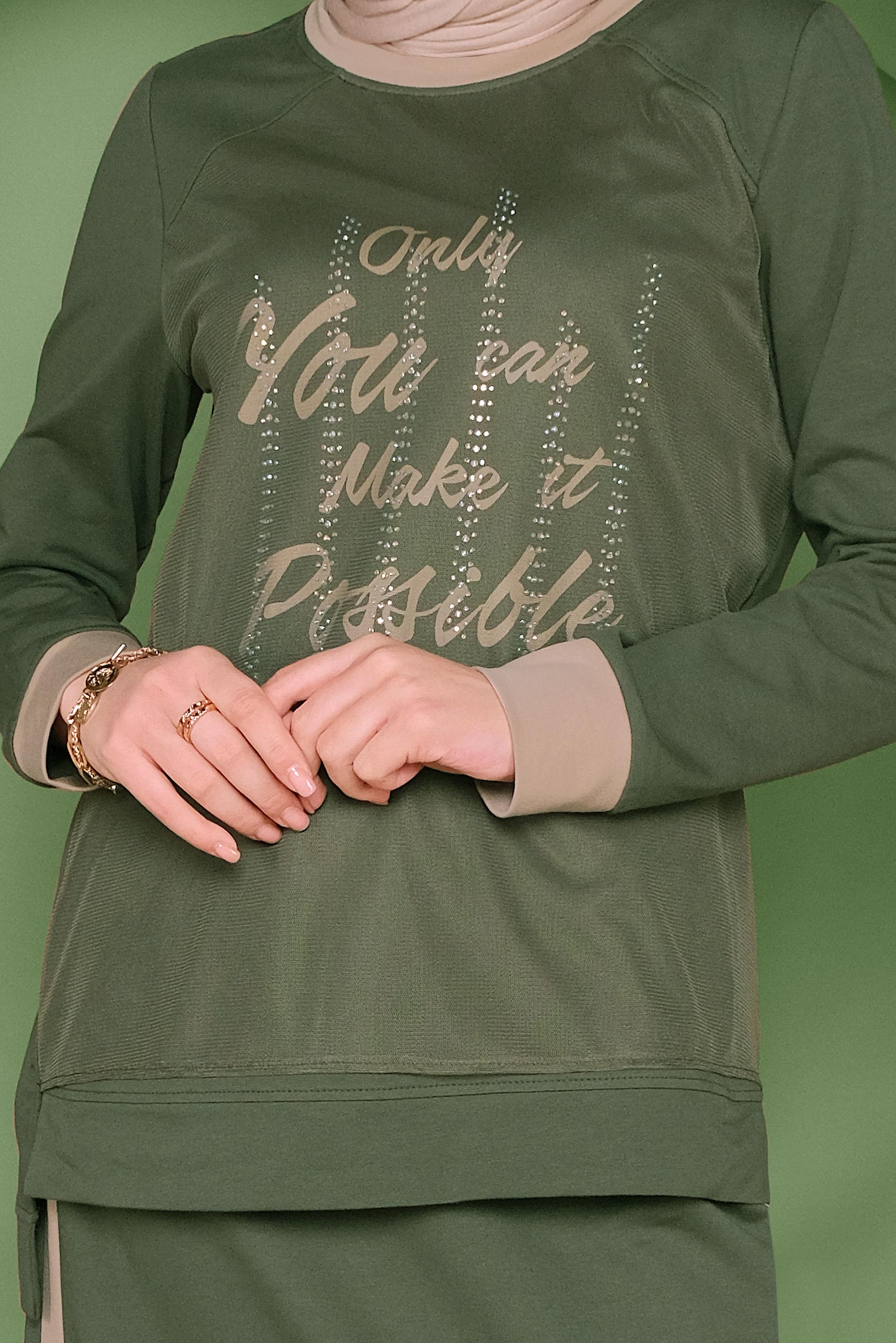 Tesettür giyim HAKİ NAKIŞLI TAŞ BASKILI ETEKLİ EŞOFMAN TAKIM 41438