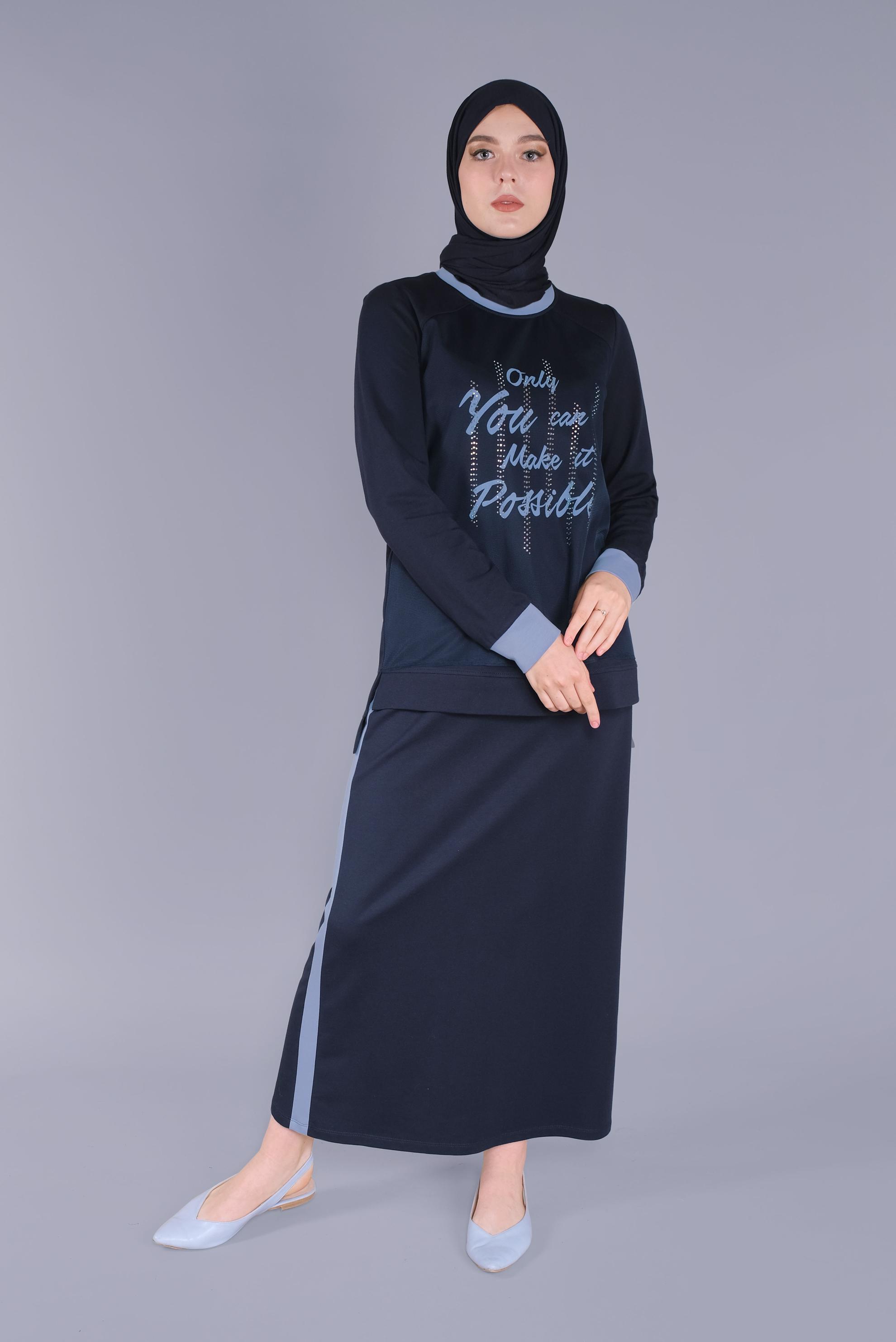 Tesettür giyim LACİVERT NAKIŞLI TAŞ BASKILI ETEKLİ EŞOFMAN TAKIM 41438
