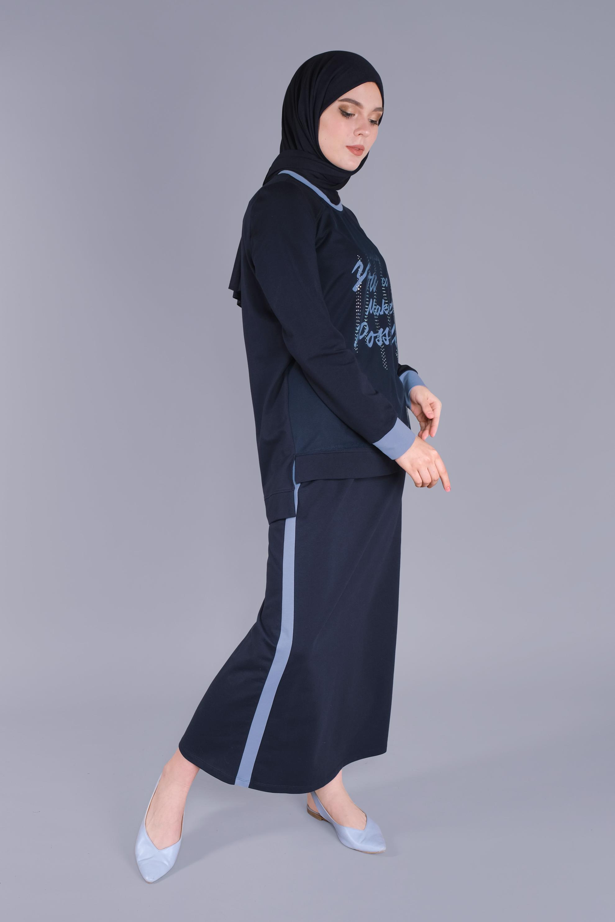 Tesettür giyim LACİVERT NAKIŞLI TAŞ BASKILI ETEKLİ EŞOFMAN TAKIM 41438