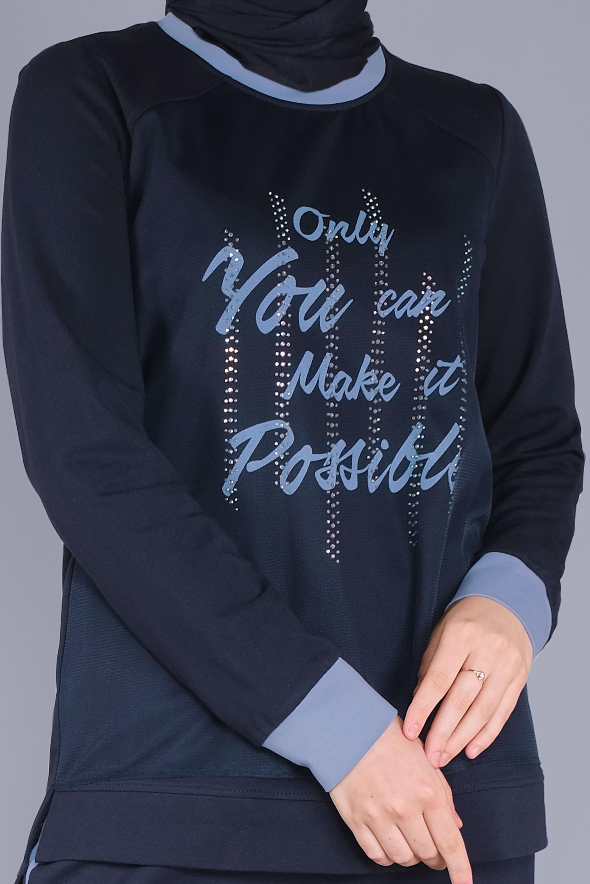 Tesettür giyim LACİVERT NAKIŞLI TAŞ BASKILI ETEKLİ EŞOFMAN TAKIM 41438