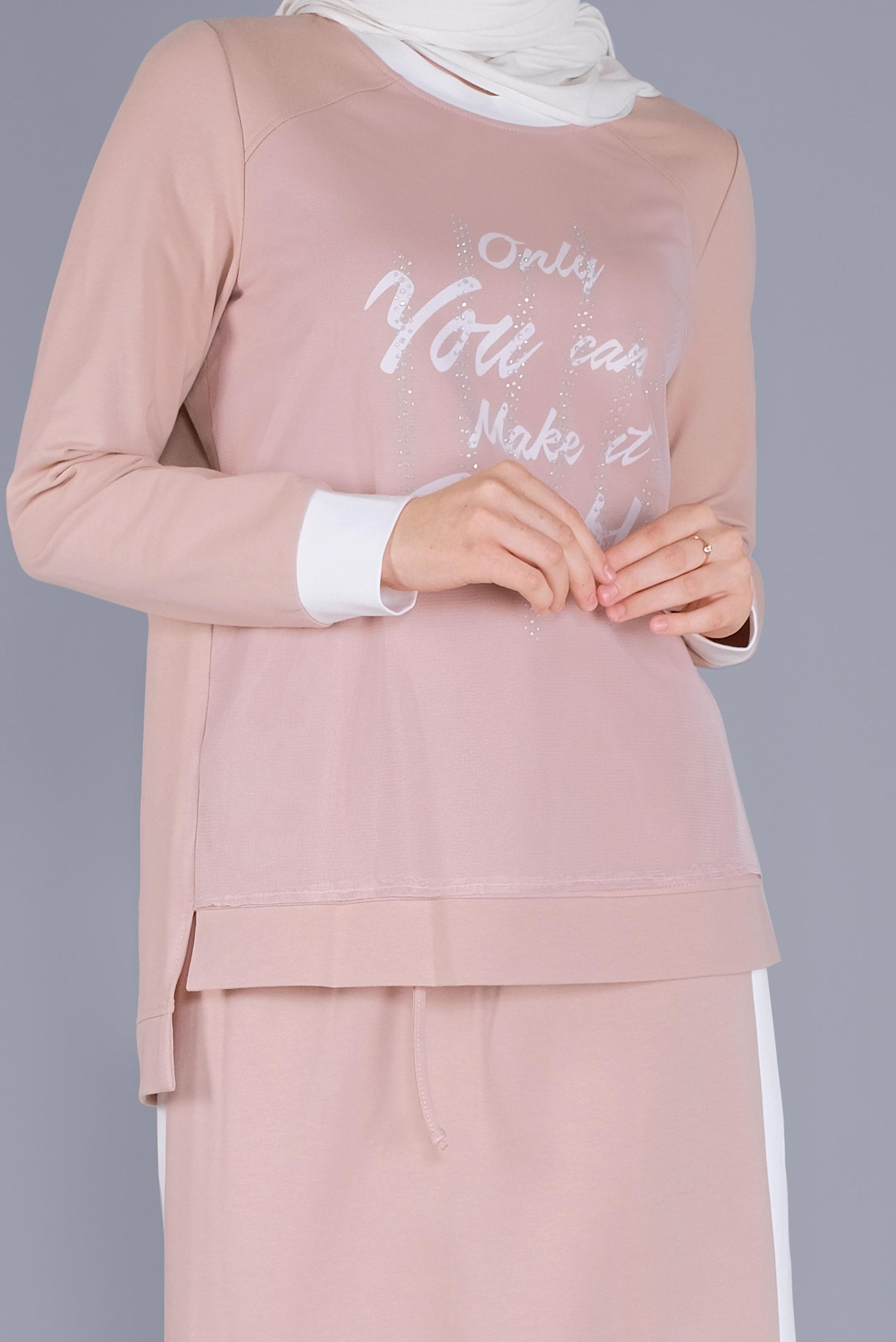 Tesettür giyim PUDRA NAKIŞLI TAŞ BASKILI ETEKLİ EŞOFMAN TAKIM 41438