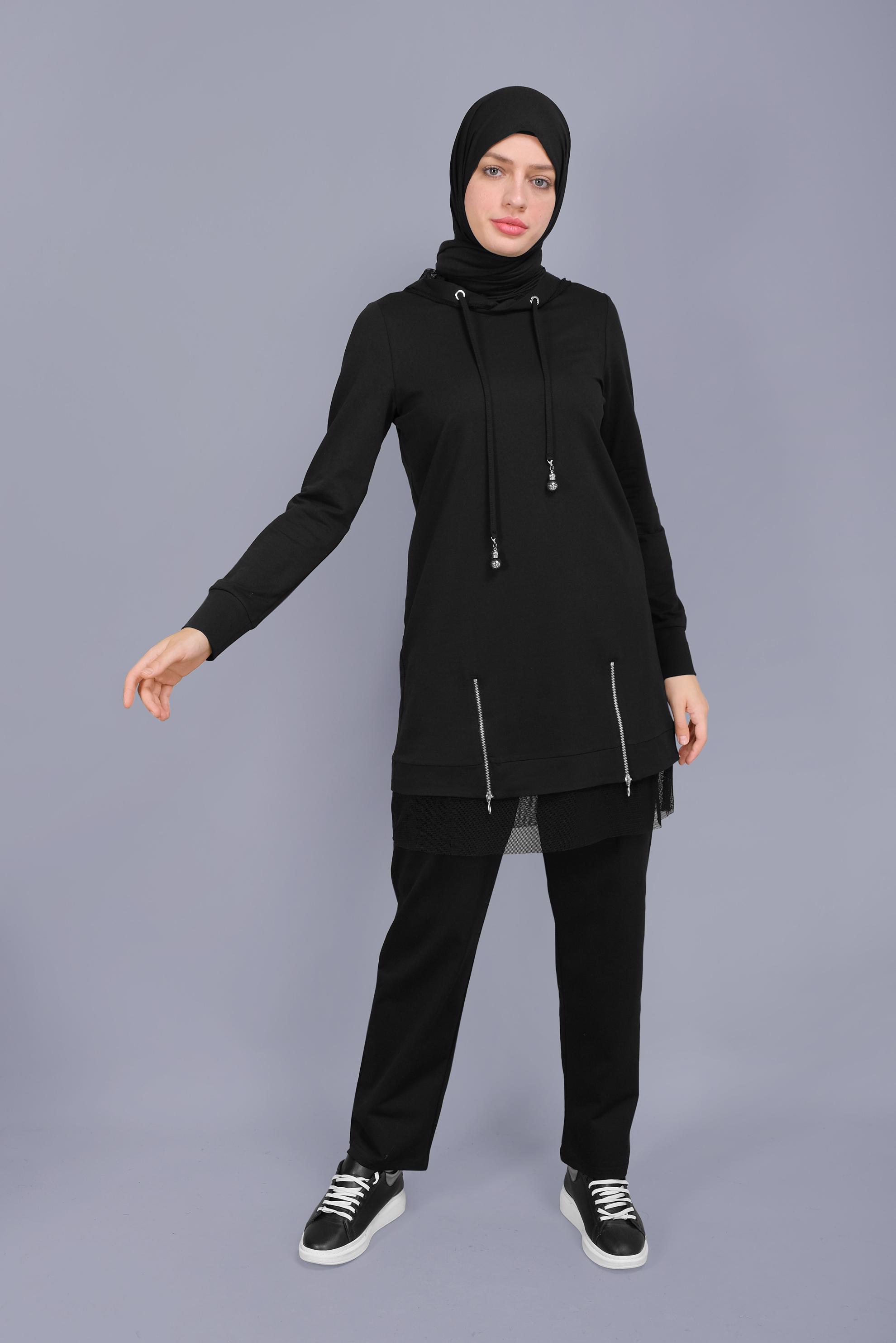 Tesettür giyim SİYAH FİLELİ FERMUARLI KAPÜŞONLU EŞOFMAN TUNİK 41440 