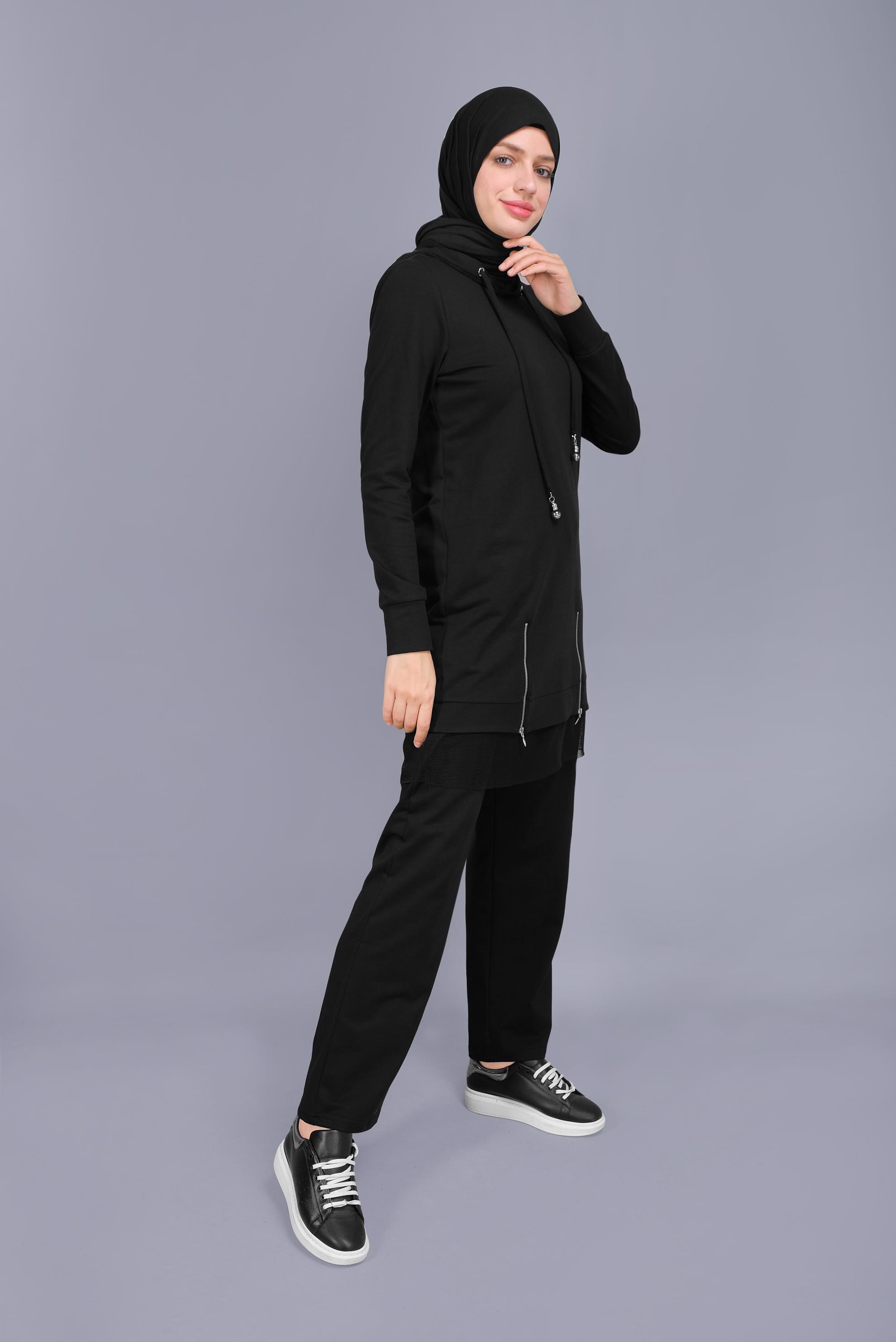 Tesettür giyim SİYAH FİLELİ FERMUARLI KAPÜŞONLU EŞOFMAN TUNİK 41440 