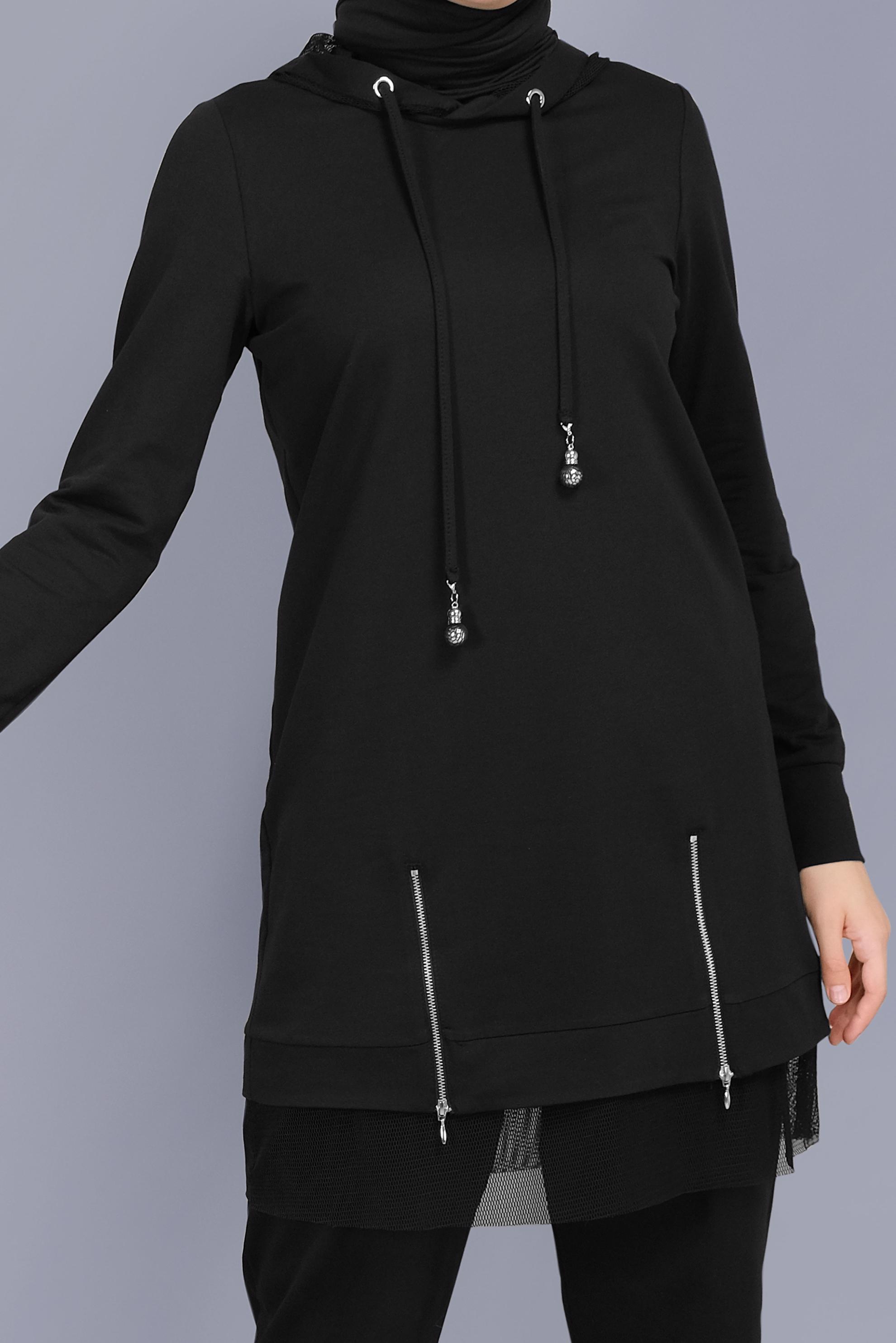 Tesettür giyim SİYAH FİLELİ FERMUARLI KAPÜŞONLU EŞOFMAN TUNİK 41440 