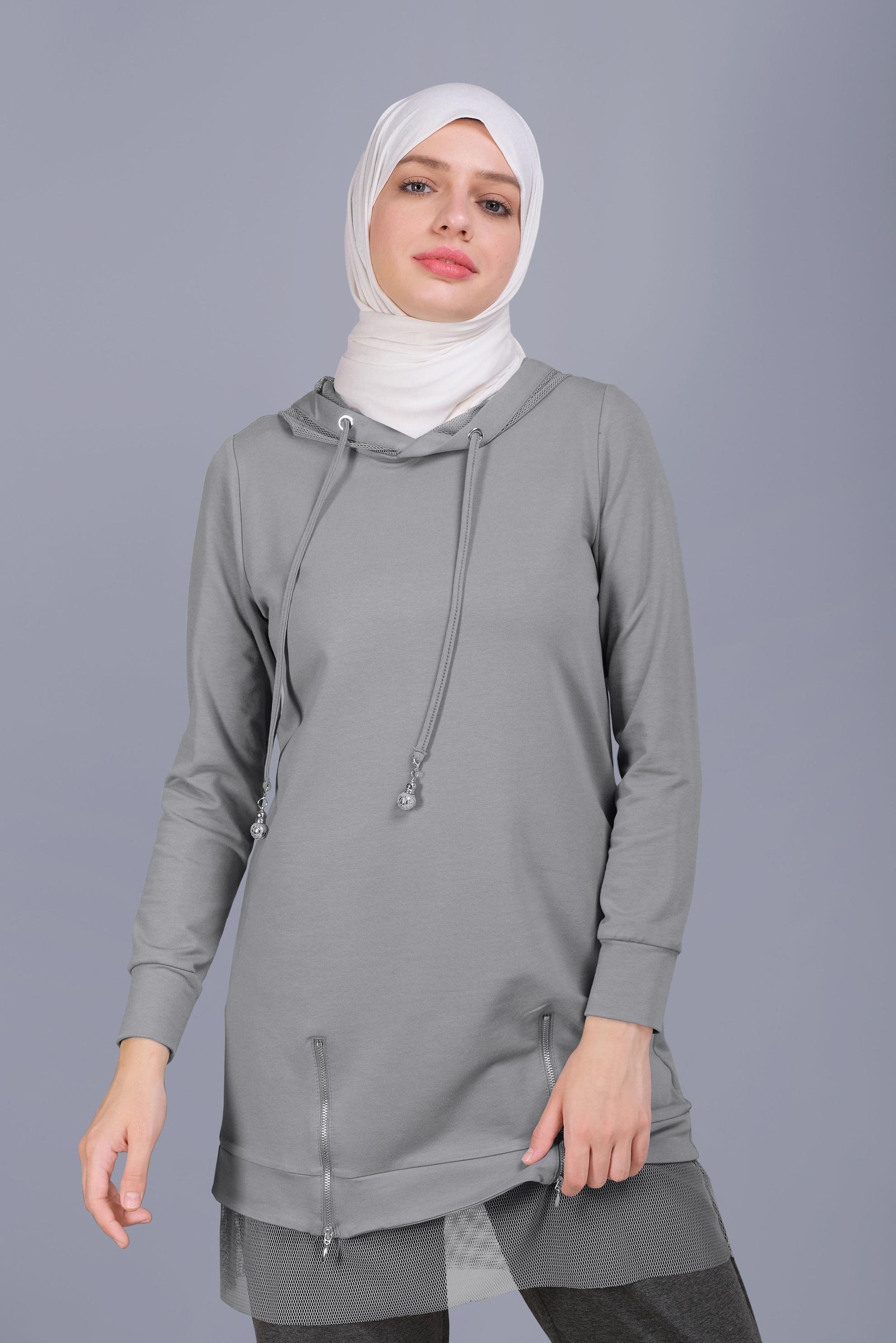 Tesettür giyim GRİ FİLELİ FERMUARLI KAPÜŞONLU EŞOFMAN TUNİK 41440 