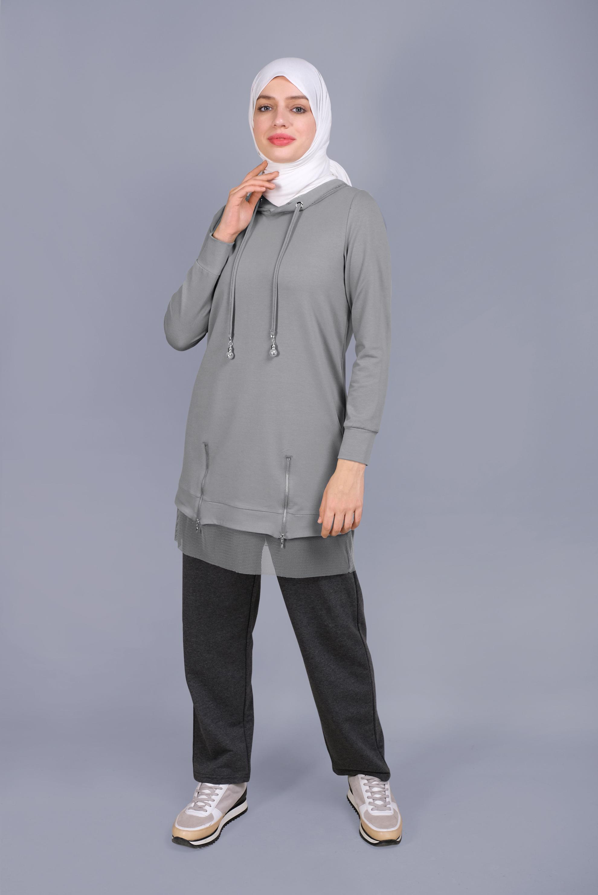 Tesettür giyim GRİ FİLELİ FERMUARLI KAPÜŞONLU EŞOFMAN TUNİK 41440 