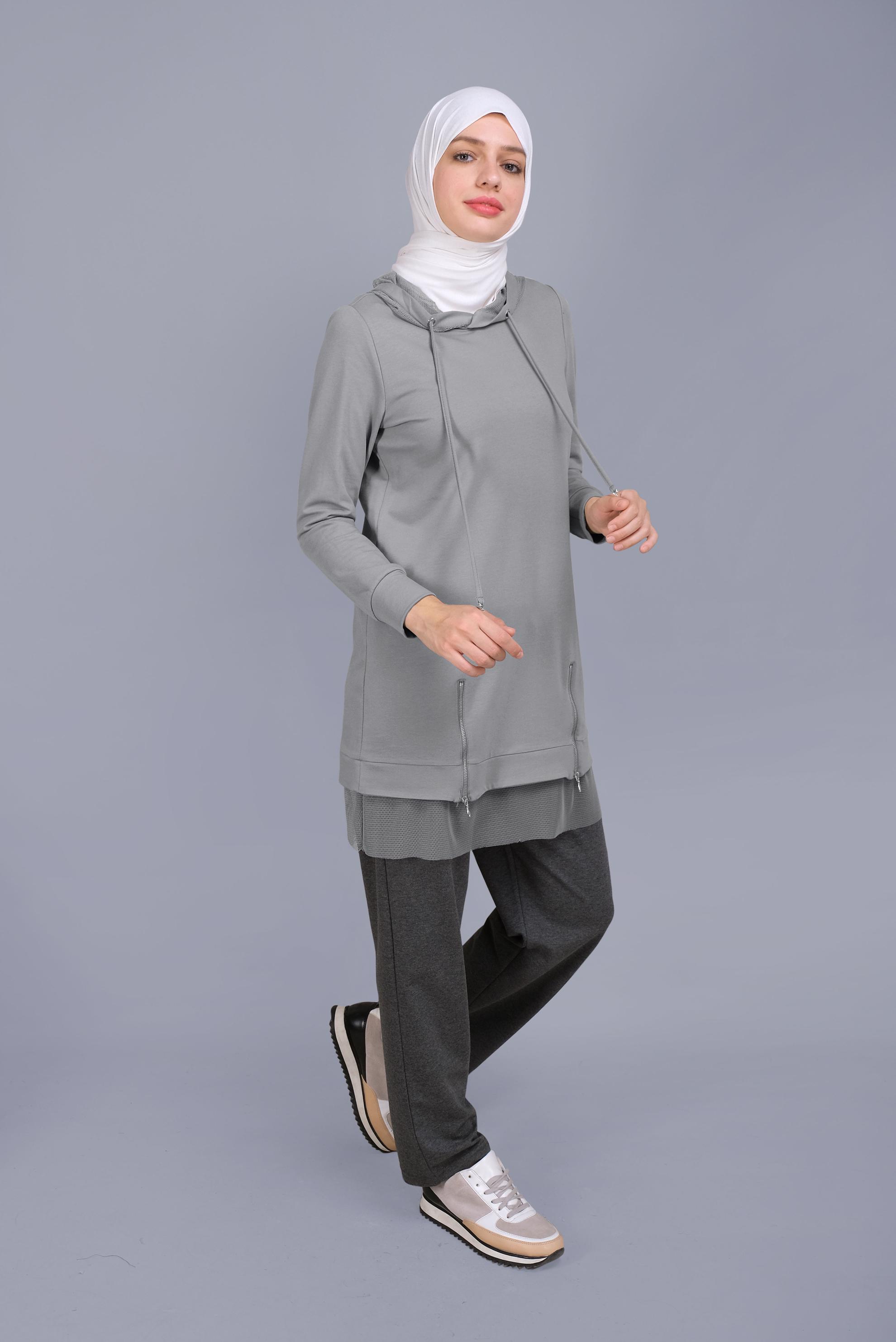 Tesettür giyim GRİ FİLELİ FERMUARLI KAPÜŞONLU EŞOFMAN TUNİK 41440 