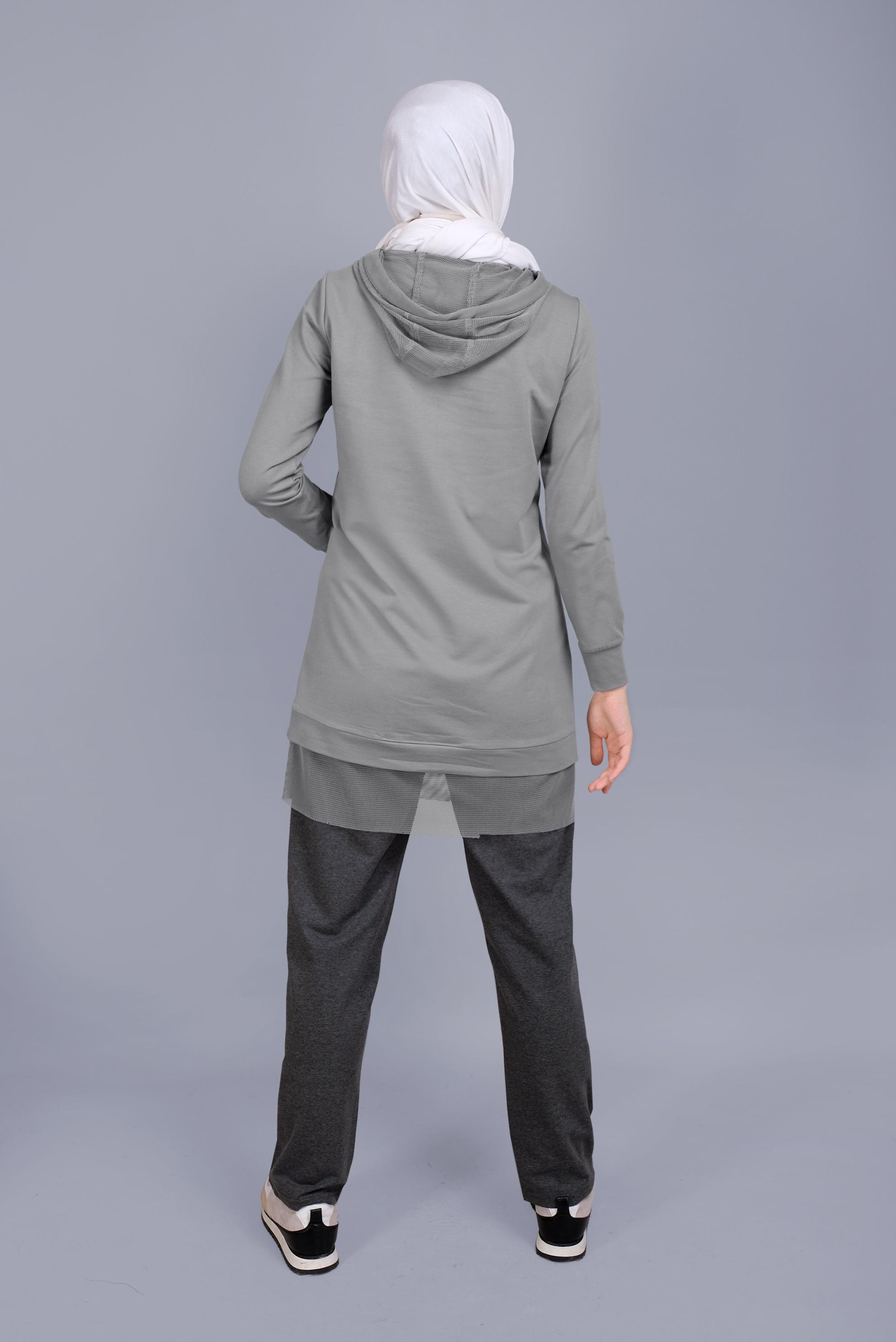 Tesettür giyim GRİ FİLELİ FERMUARLI KAPÜŞONLU EŞOFMAN TUNİK 41440 