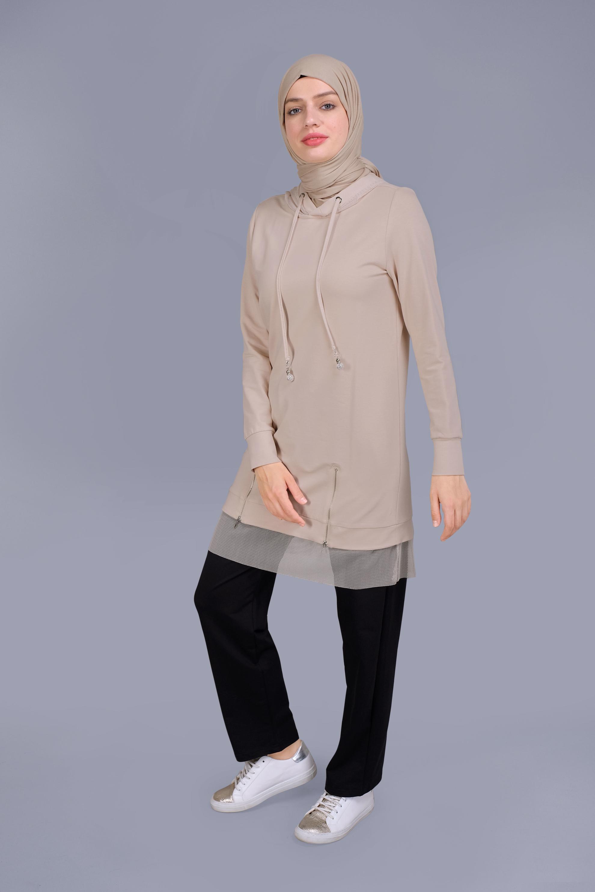 Tesettür giyim BEJ FİLELİ FERMUARLI KAPÜŞONLU EŞOFMAN TUNİK 41440 