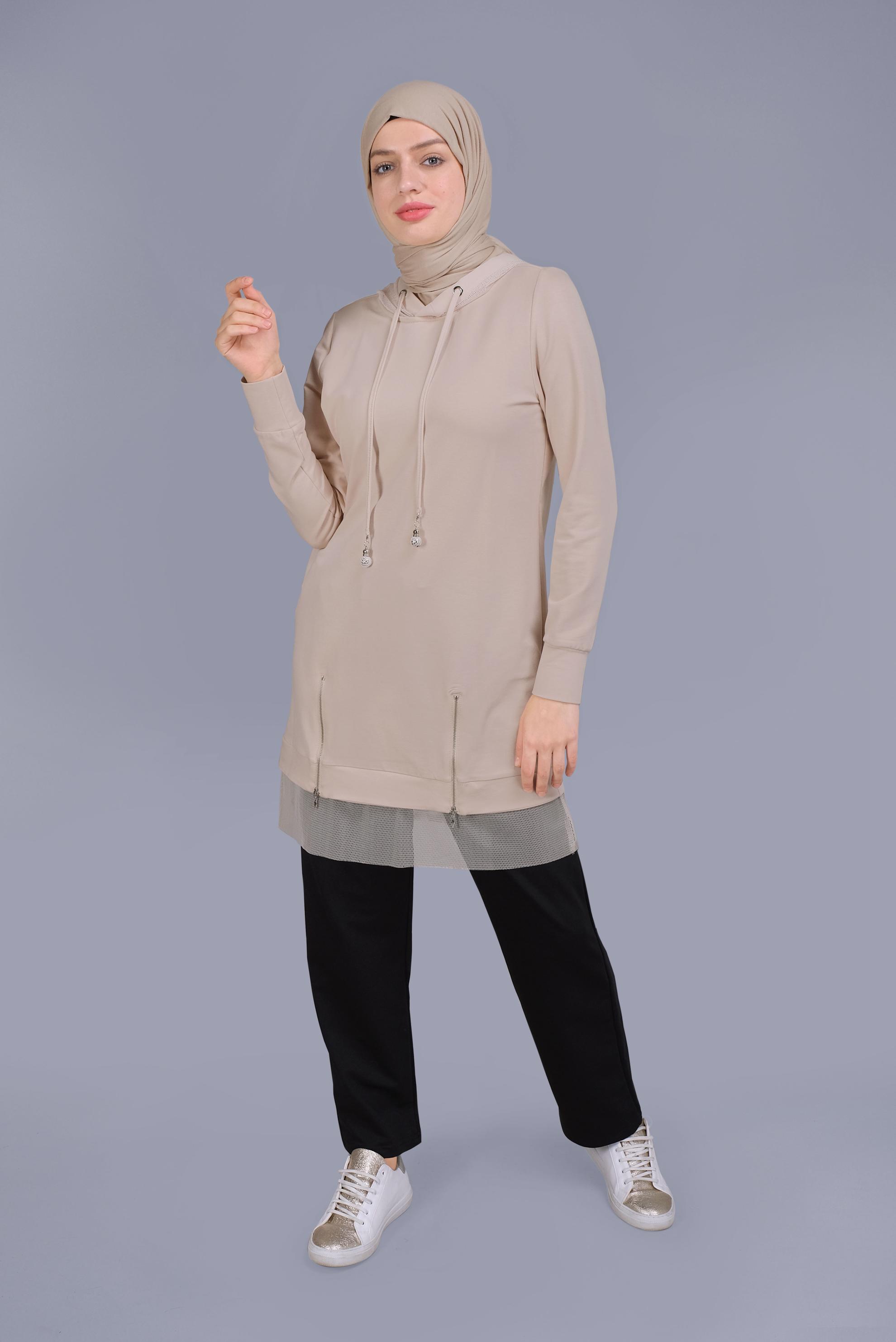 Tesettür giyim BEJ FİLELİ FERMUARLI KAPÜŞONLU EŞOFMAN TUNİK 41440 