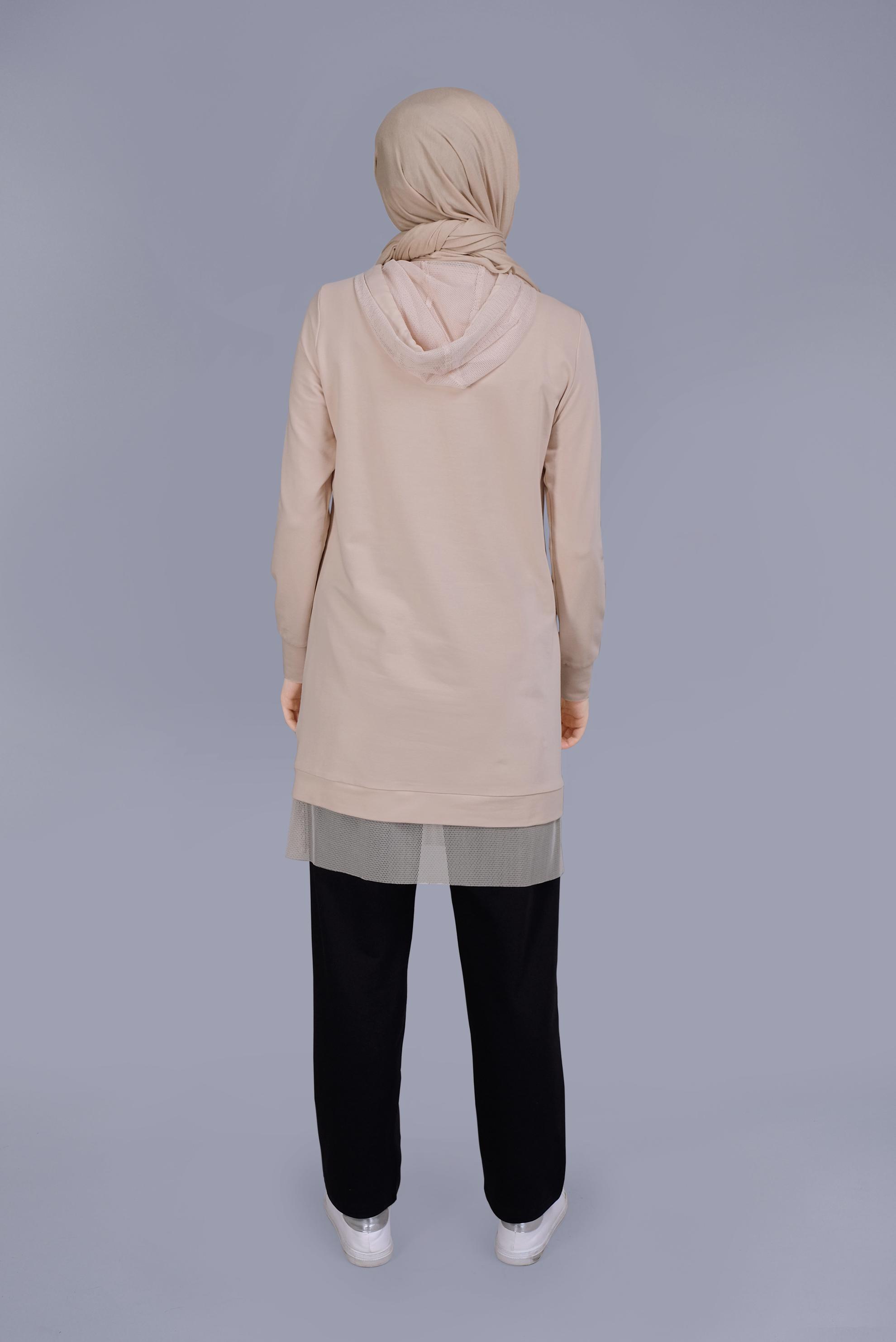 Tesettür giyim BEJ FİLELİ FERMUARLI KAPÜŞONLU EŞOFMAN TUNİK 41440 