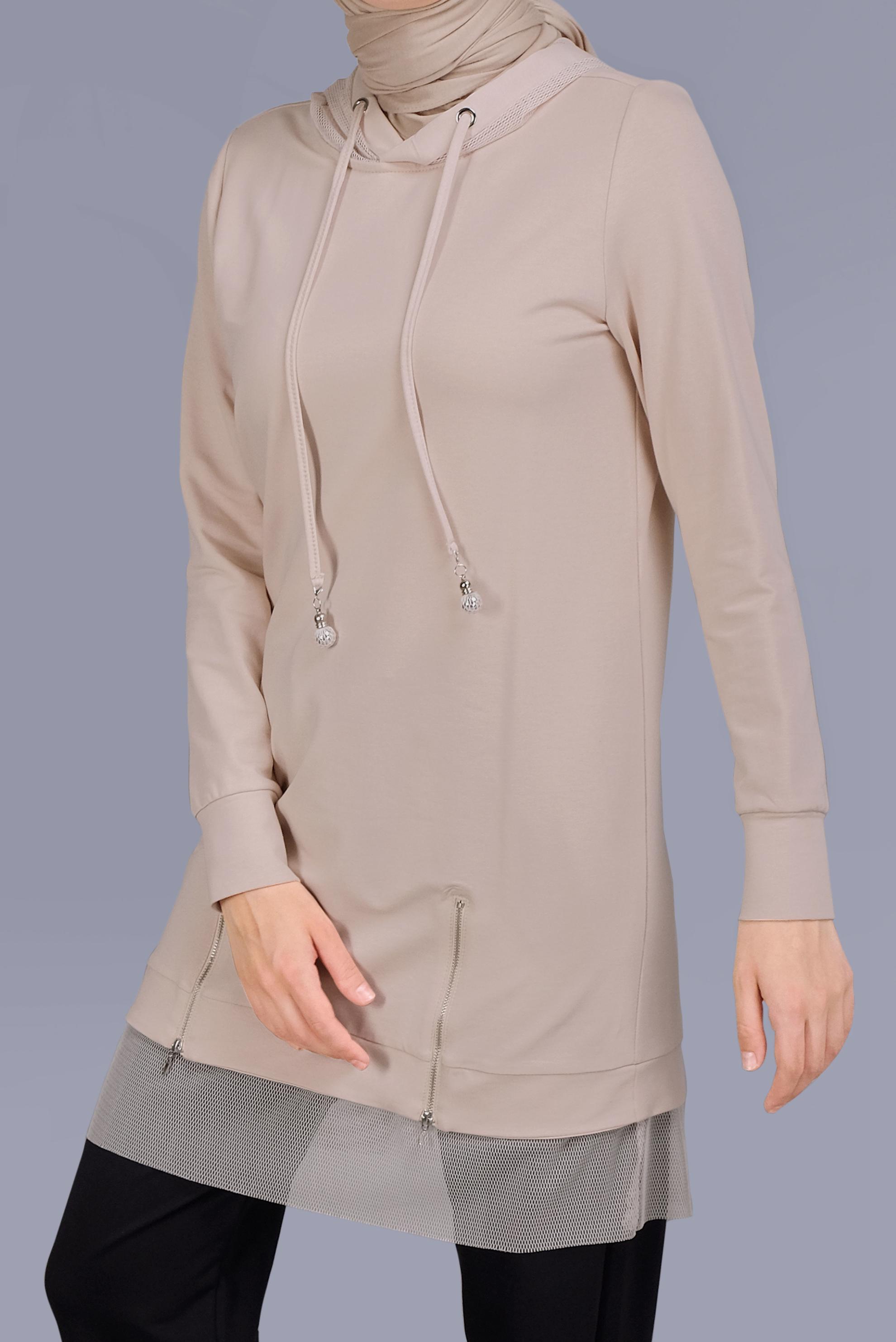 Tesettür giyim BEJ FİLELİ FERMUARLI KAPÜŞONLU EŞOFMAN TUNİK 41440 