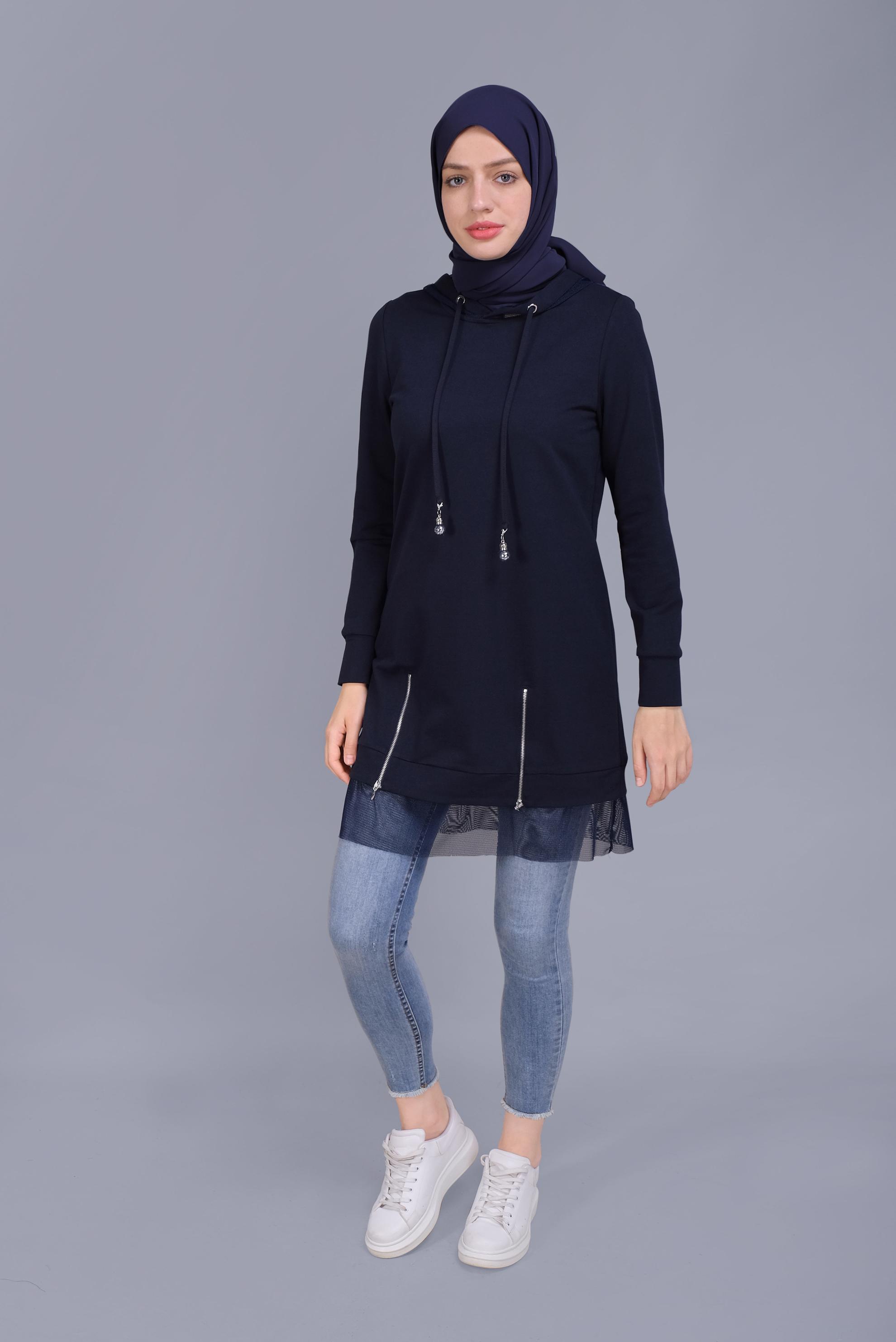 Tesettür giyim LACİVERT FİLELİ FERMUARLI KAPÜŞONLU EŞOFMAN TUNİK 41440 