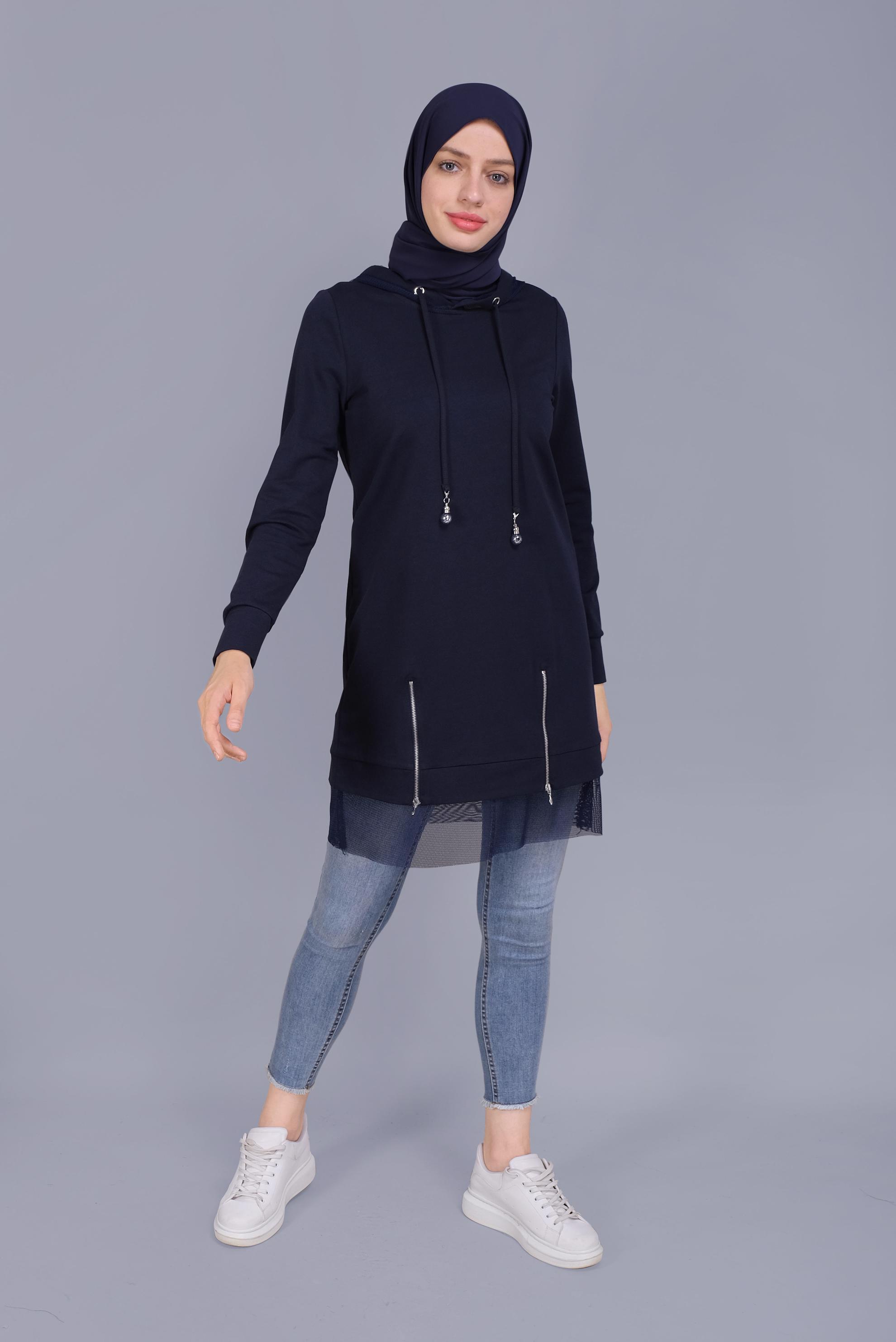 Tesettür giyim LACİVERT FİLELİ FERMUARLI KAPÜŞONLU EŞOFMAN TUNİK 41440 