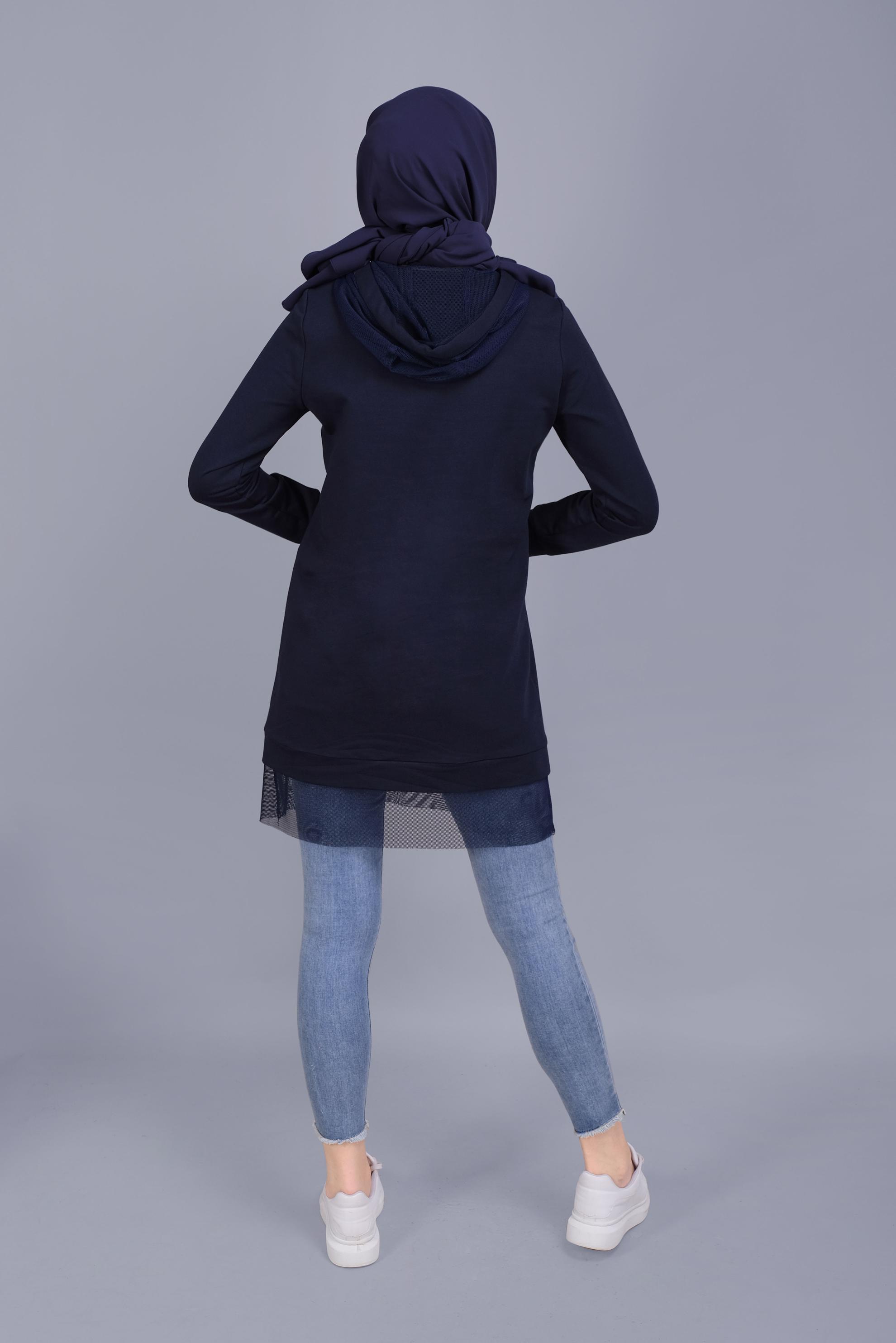 Tesettür giyim LACİVERT FİLELİ FERMUARLI KAPÜŞONLU EŞOFMAN TUNİK 41440 