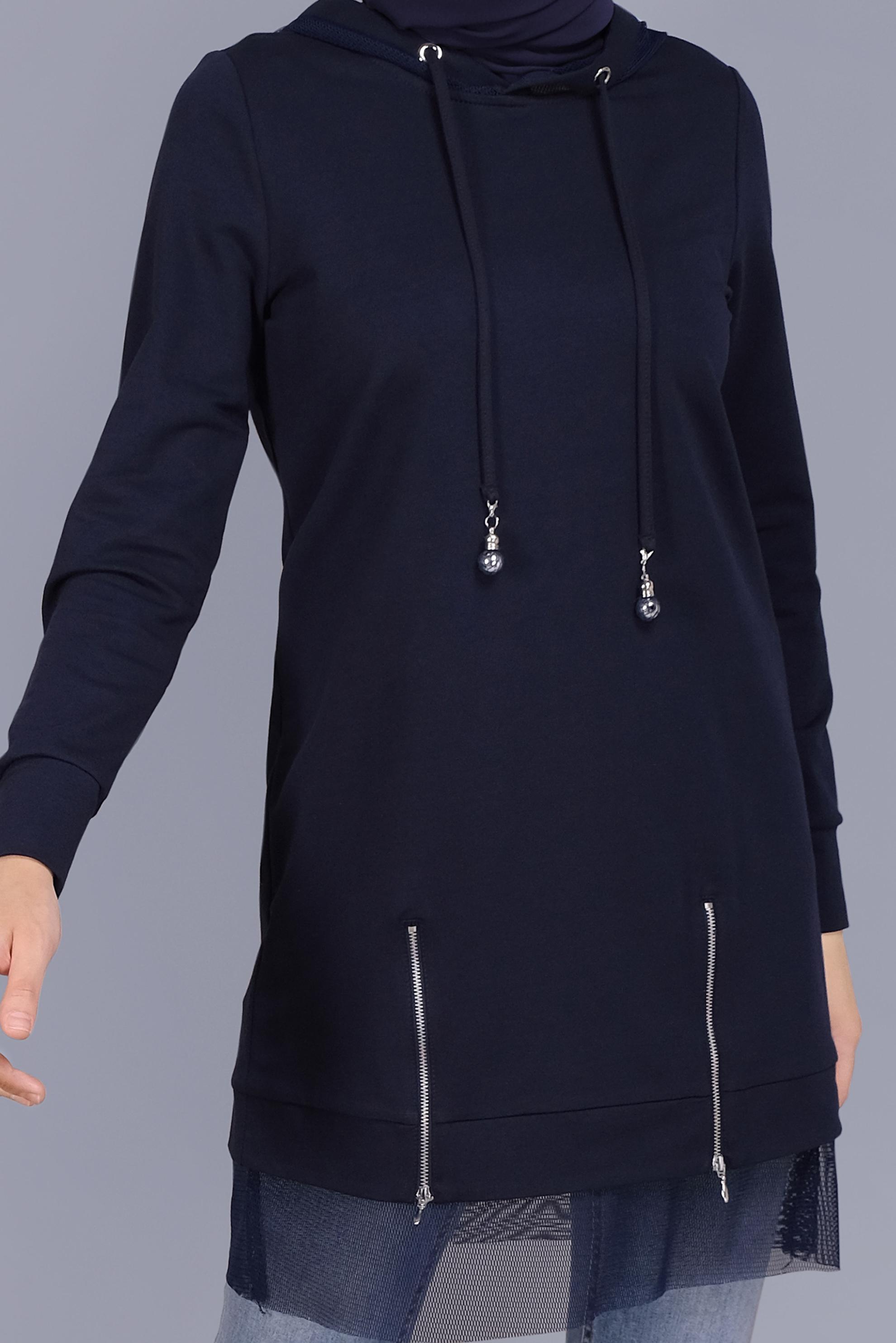 Tesettür giyim LACİVERT FİLELİ FERMUARLI KAPÜŞONLU EŞOFMAN TUNİK 41440 