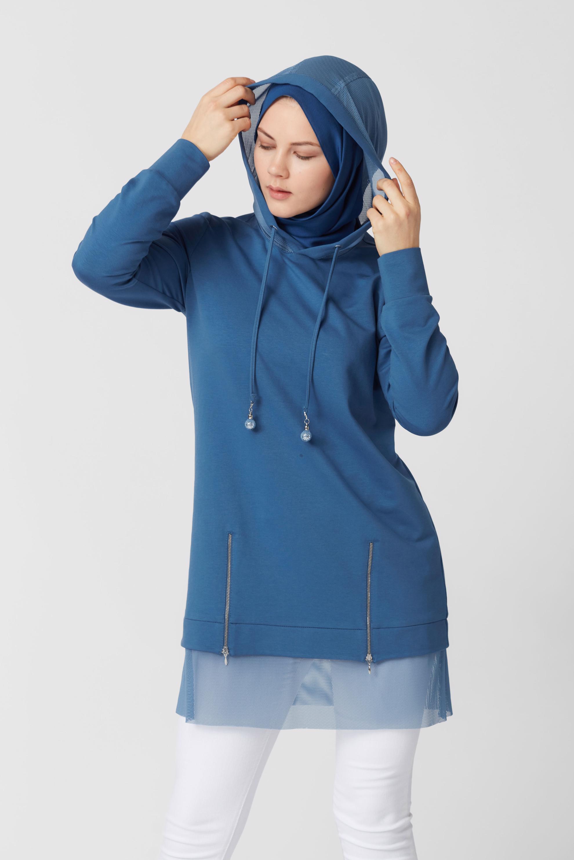 Tesettür giyim LACİVERT FİLELİ FERMUARLI KAPÜŞONLU EŞOFMAN TUNİK 41440 