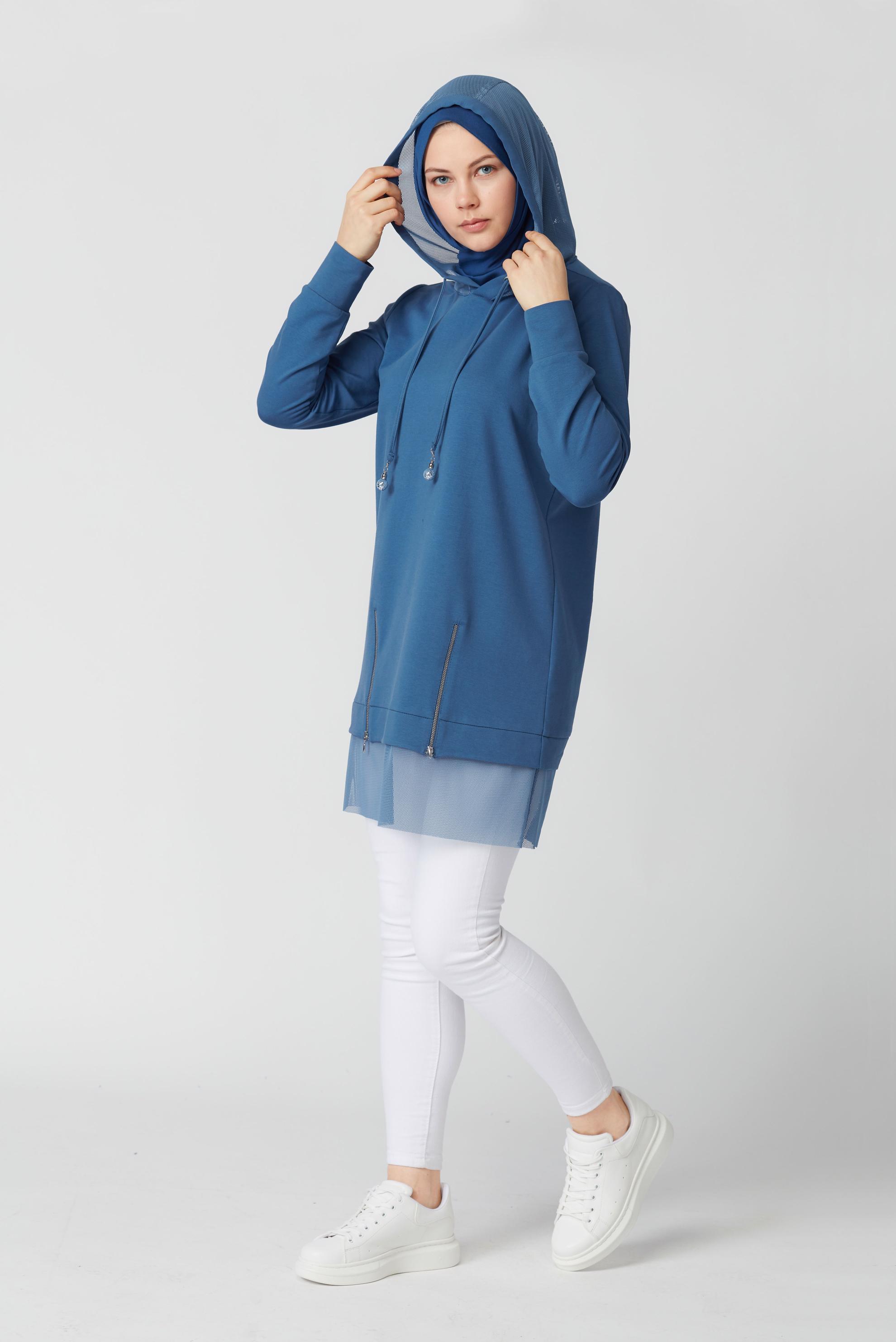 Tesettür giyim LACİVERT FİLELİ FERMUARLI KAPÜŞONLU EŞOFMAN TUNİK 41440 