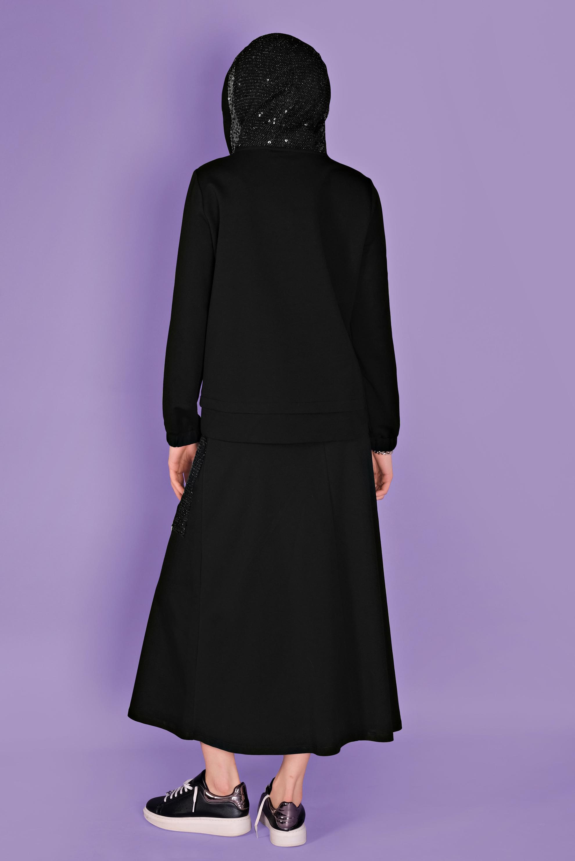 Tesettür giyim SİYAH PULLU KAPÜŞON DETAYLI ETEKLİ EŞOFMAN TAKIM 41455 