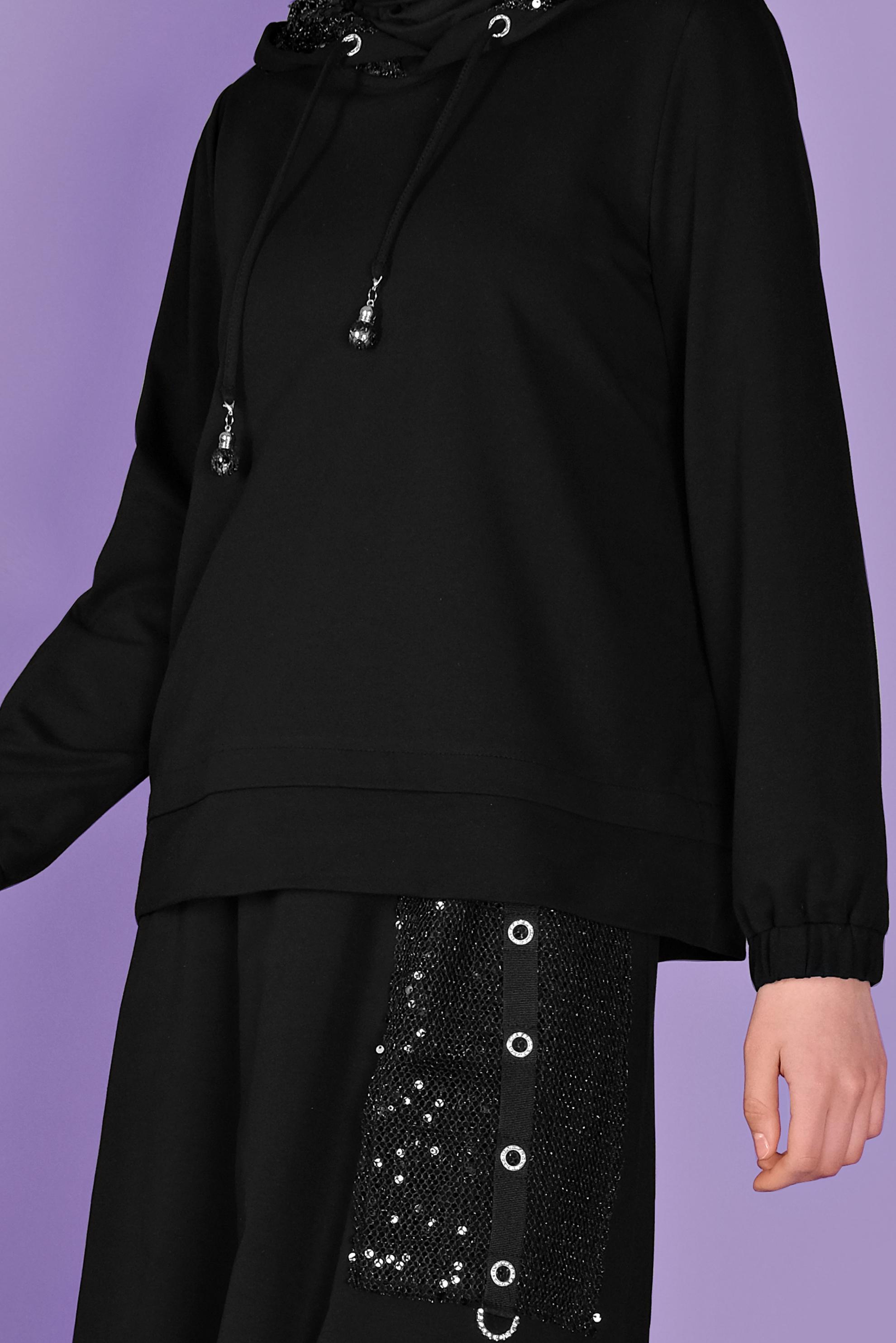 Tesettür giyim SİYAH PULLU KAPÜŞON DETAYLI ETEKLİ EŞOFMAN TAKIM 41455 