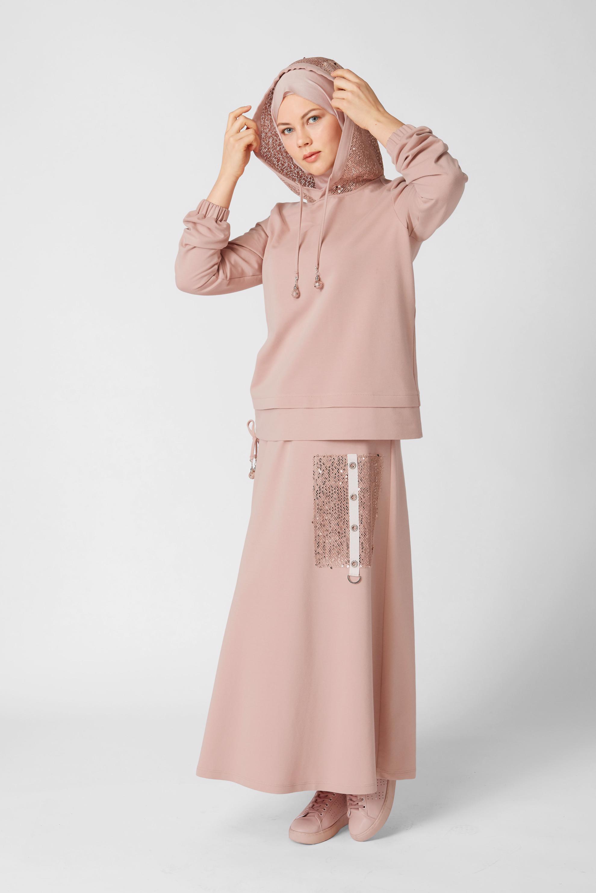 Tesettür giyim PUDRA PULLU KAPÜŞON DETAYLI ETEKLİ EŞOFMAN TAKIM 41455 