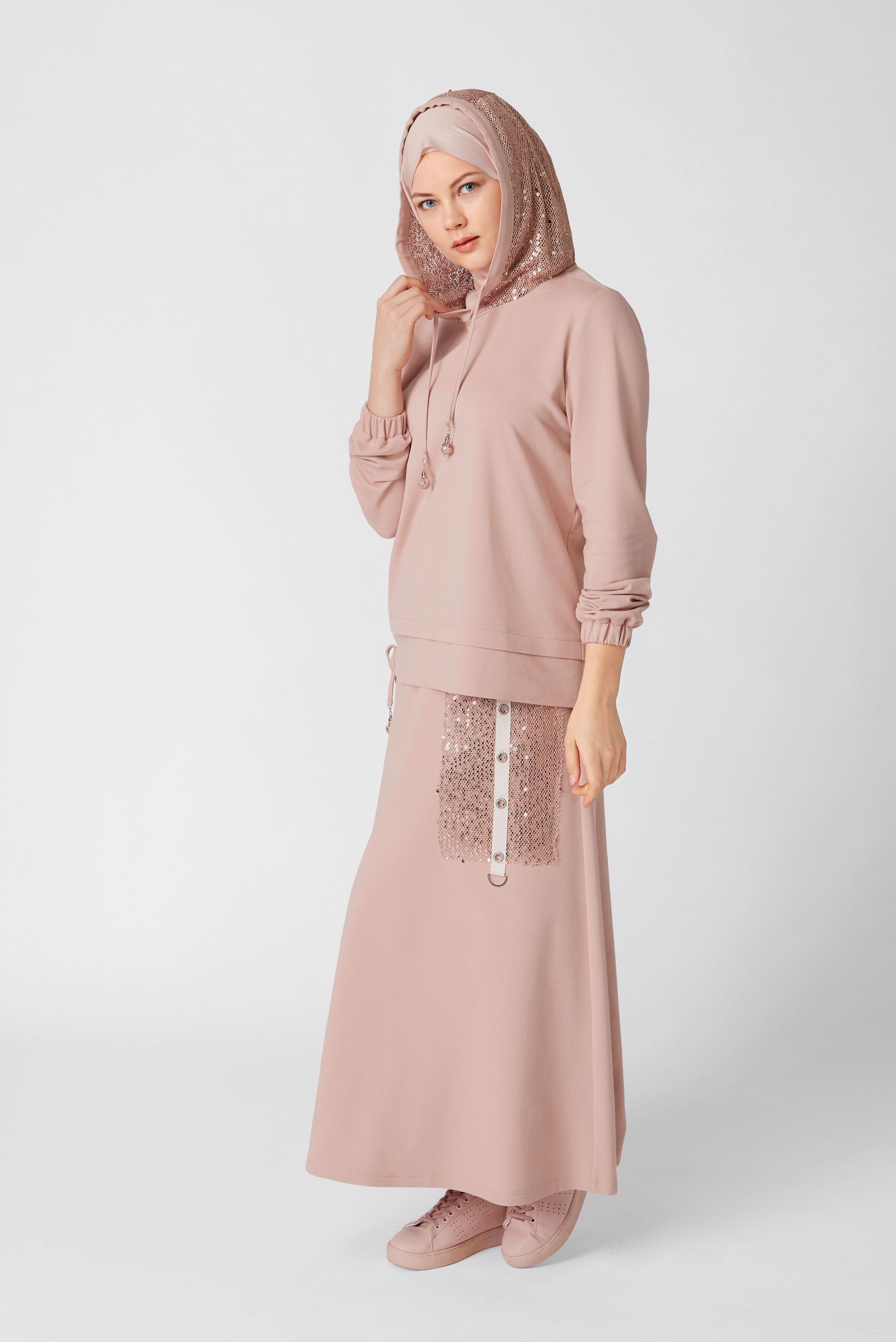 Tesettür giyim PUDRA PULLU KAPÜŞON DETAYLI ETEKLİ EŞOFMAN TAKIM 41455 
