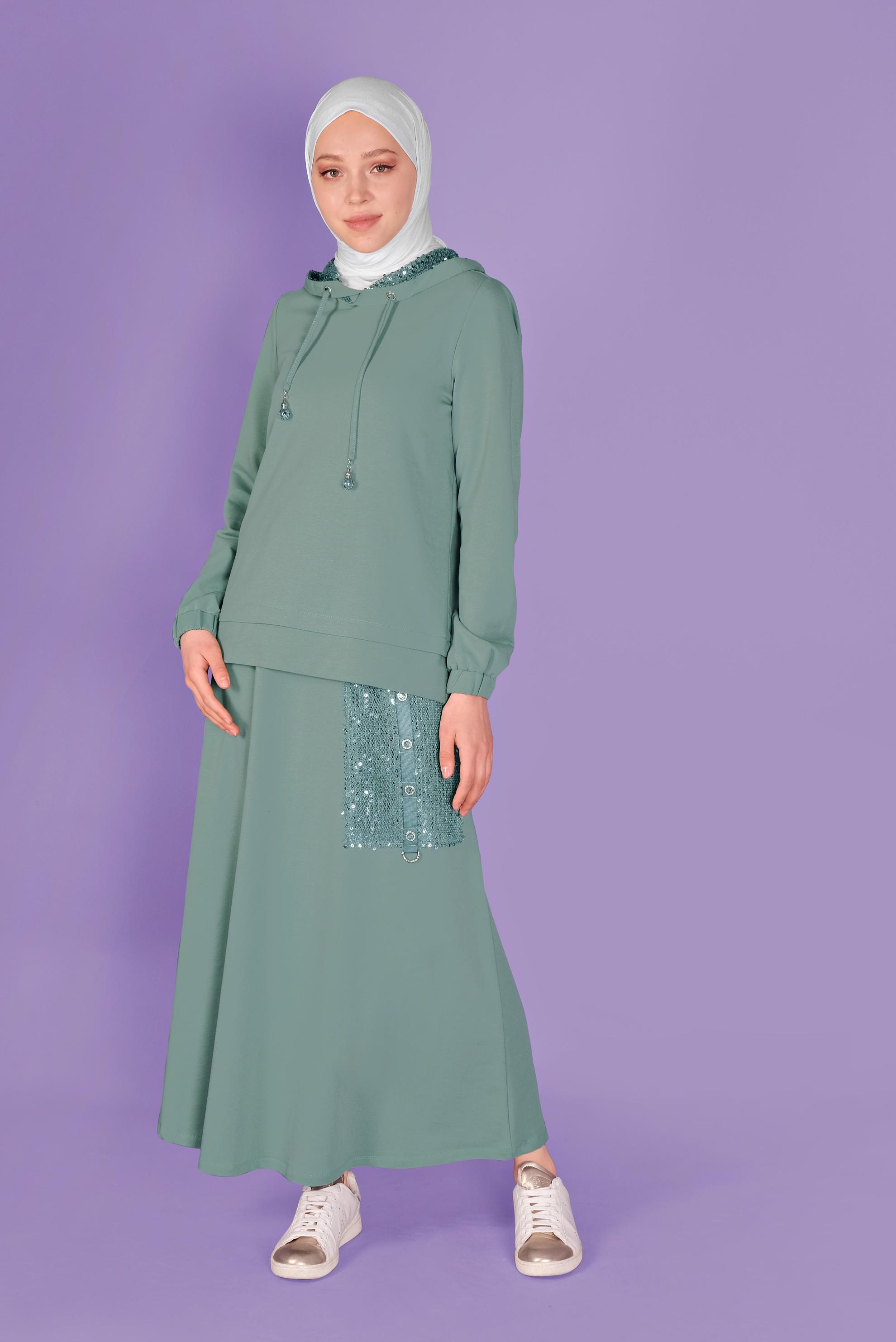 Tesettür giyim MAVİ PULLU KAPÜŞON DETAYLI ETEKLİ EŞOFMAN TAKIM 41455 