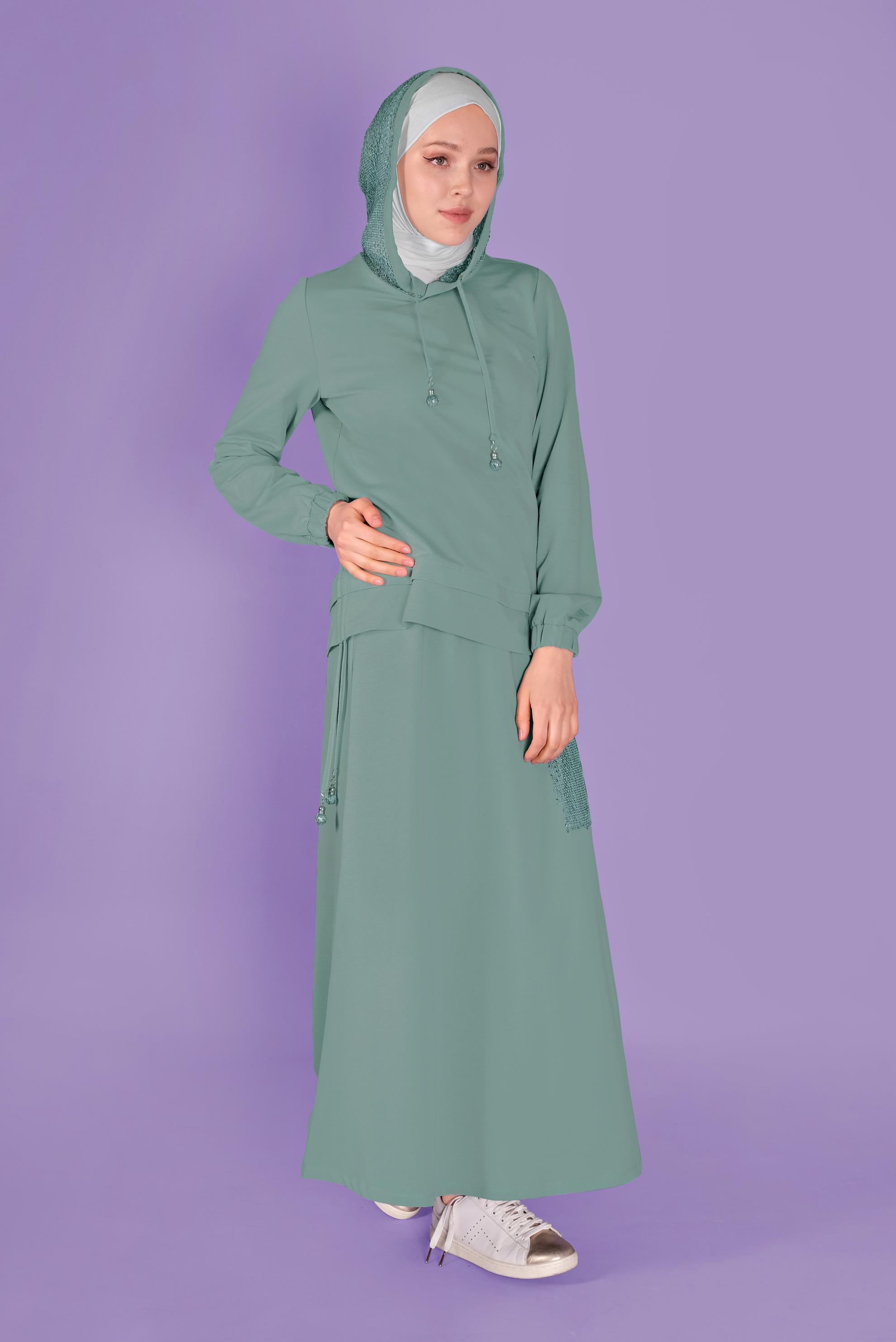 Tesettür giyim MAVİ PULLU KAPÜŞON DETAYLI ETEKLİ EŞOFMAN TAKIM 41455 