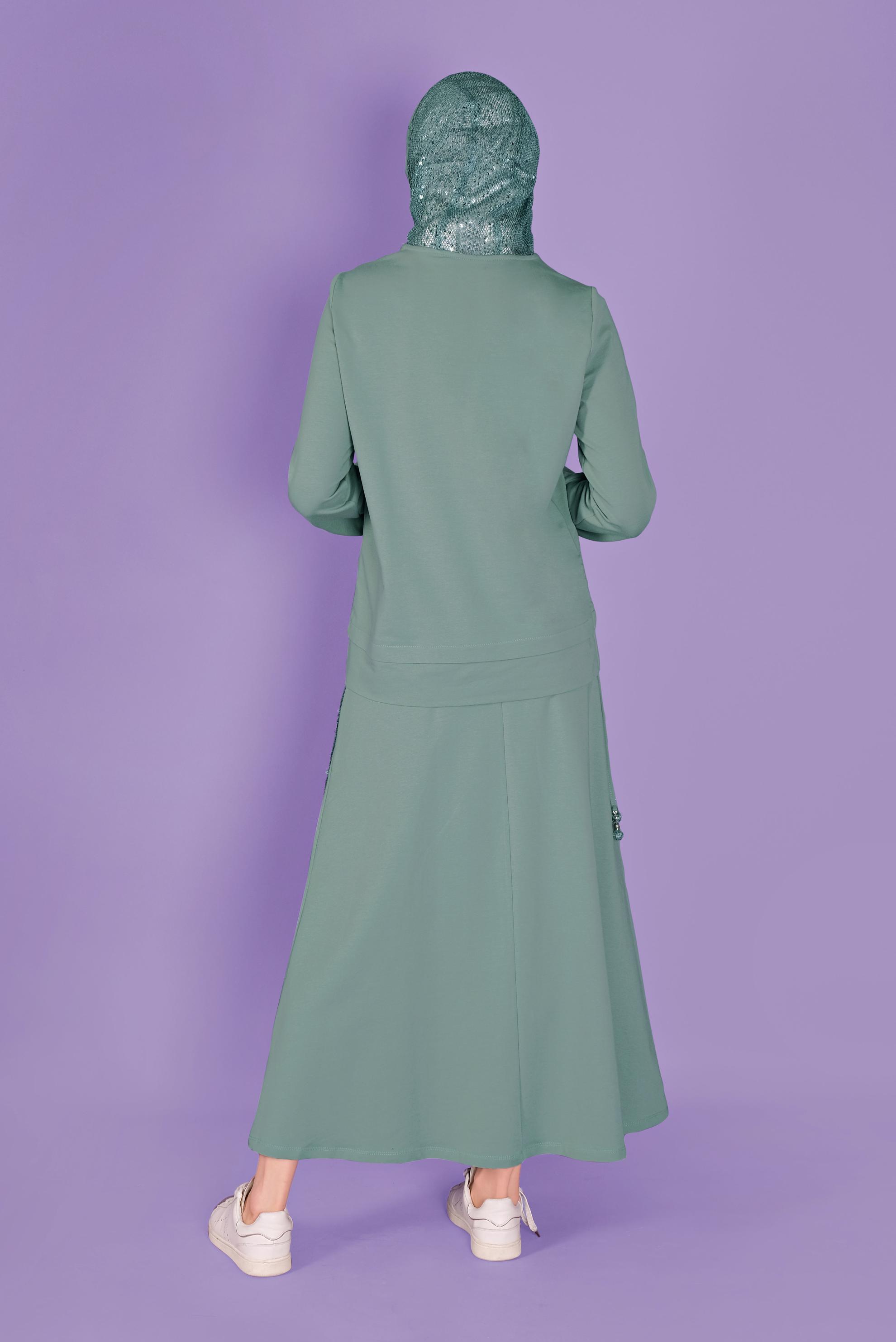 Tesettür giyim MAVİ PULLU KAPÜŞON DETAYLI ETEKLİ EŞOFMAN TAKIM 41455 