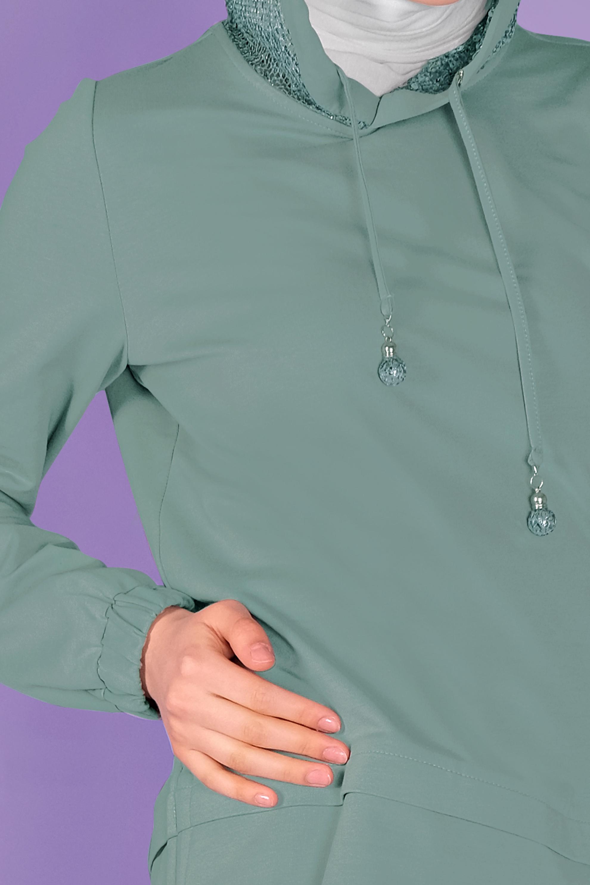 Tesettür giyim MAVİ PULLU KAPÜŞON DETAYLI ETEKLİ EŞOFMAN TAKIM 41455 