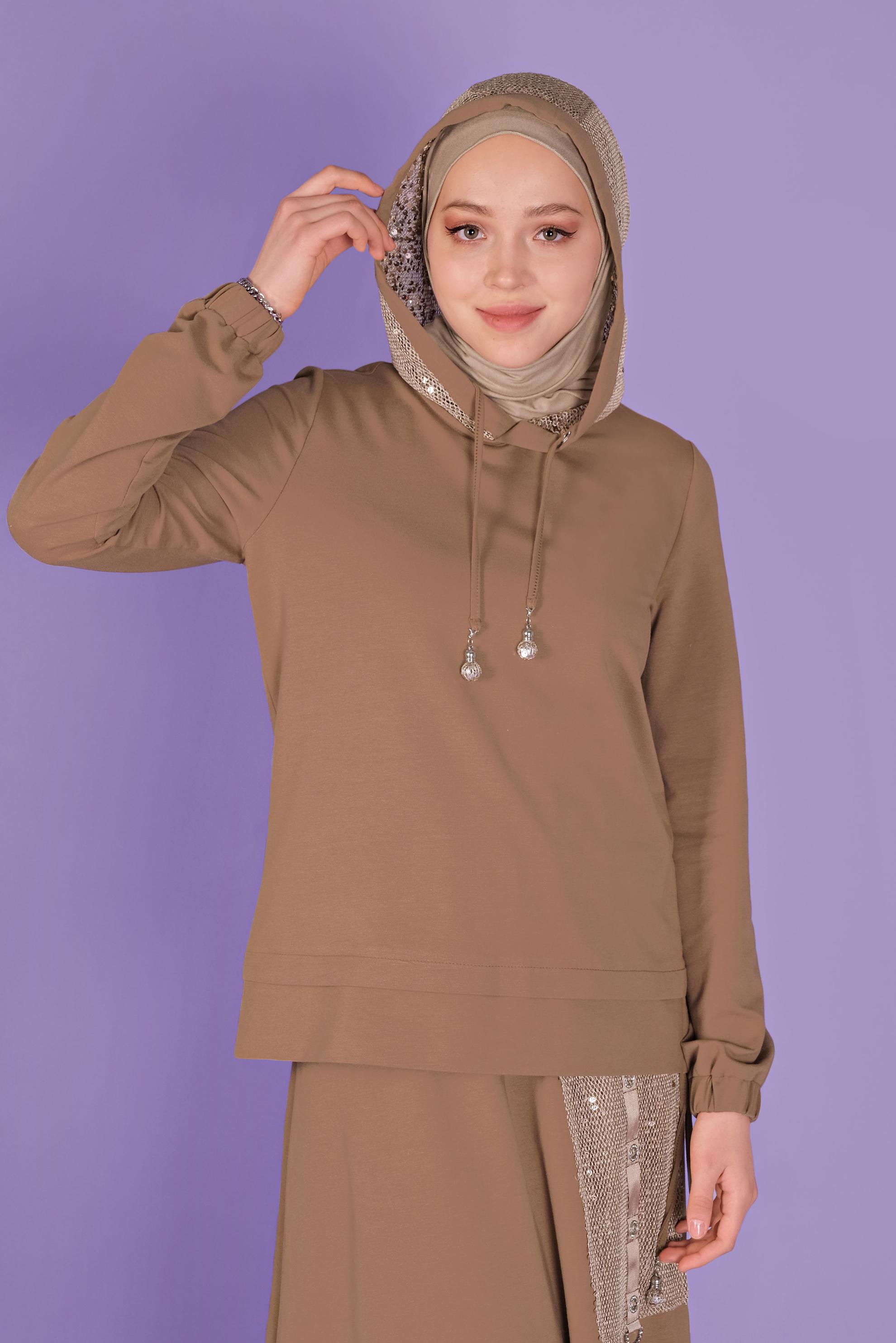 Tesettür giyim KAHVE PULLU KAPÜŞON DETAYLI ETEKLİ EŞOFMAN TAKIM 41455 
