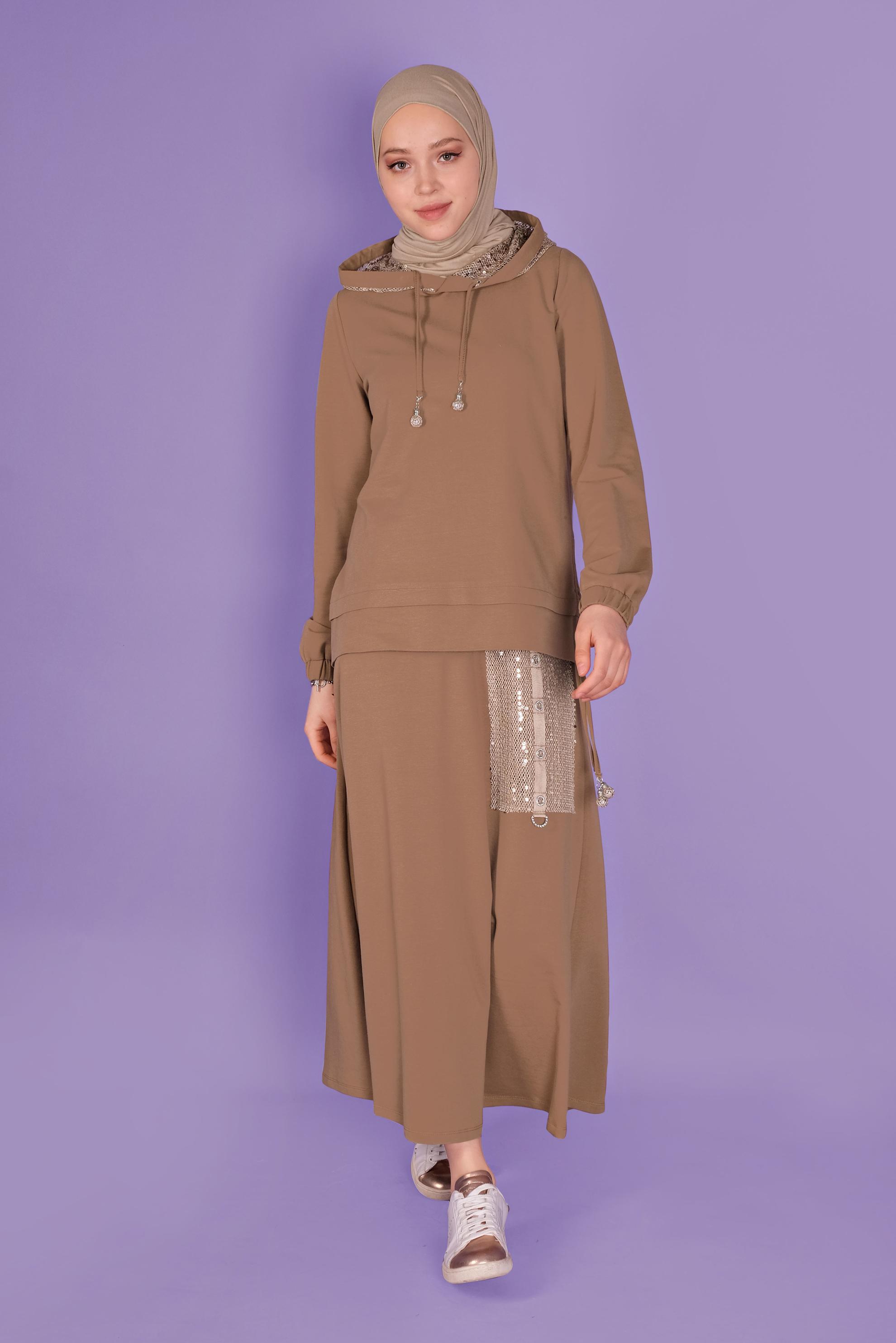Tesettür giyim KAHVE PULLU KAPÜŞON DETAYLI ETEKLİ EŞOFMAN TAKIM 41455 