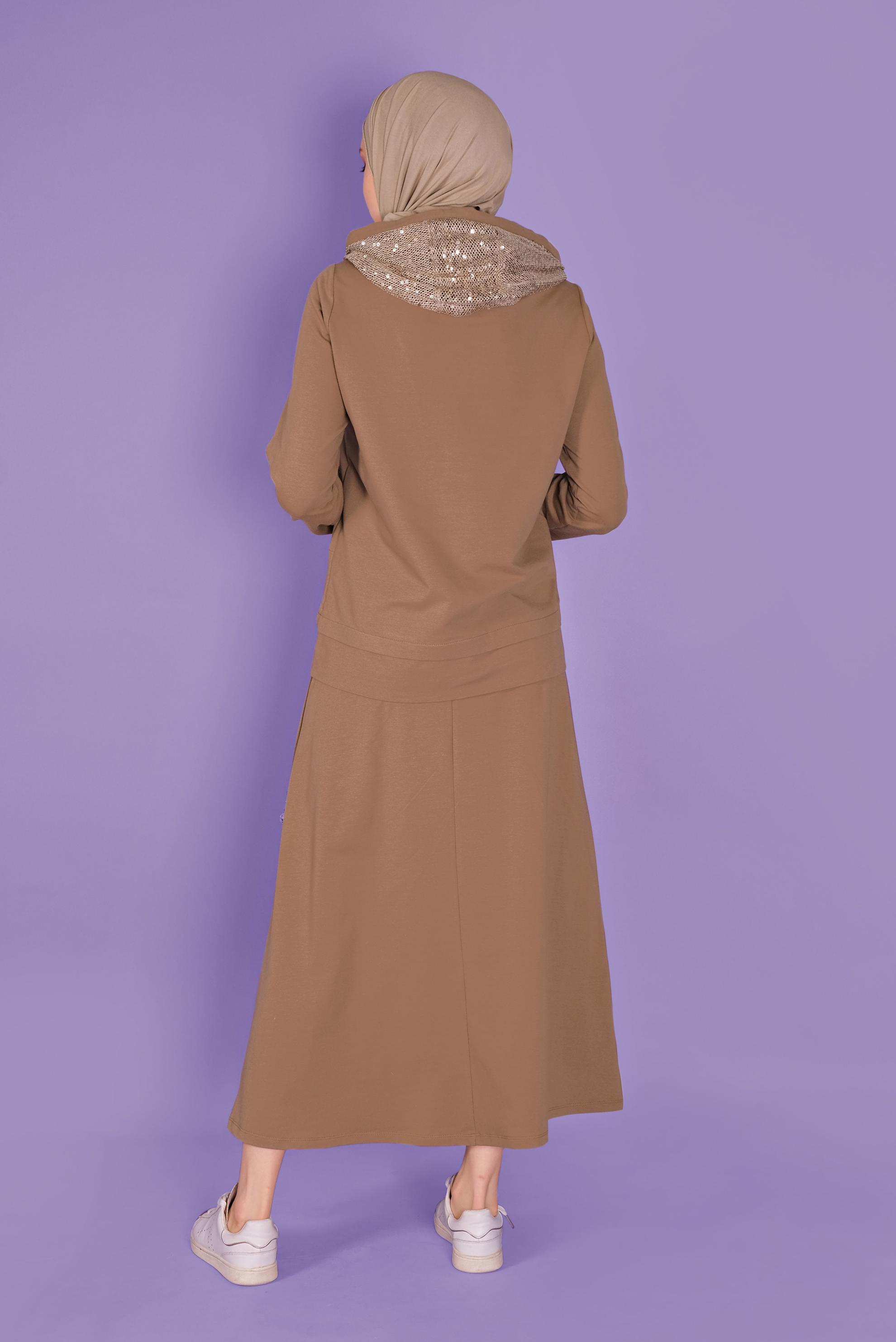 Tesettür giyim KAHVE PULLU KAPÜŞON DETAYLI ETEKLİ EŞOFMAN TAKIM 41455 