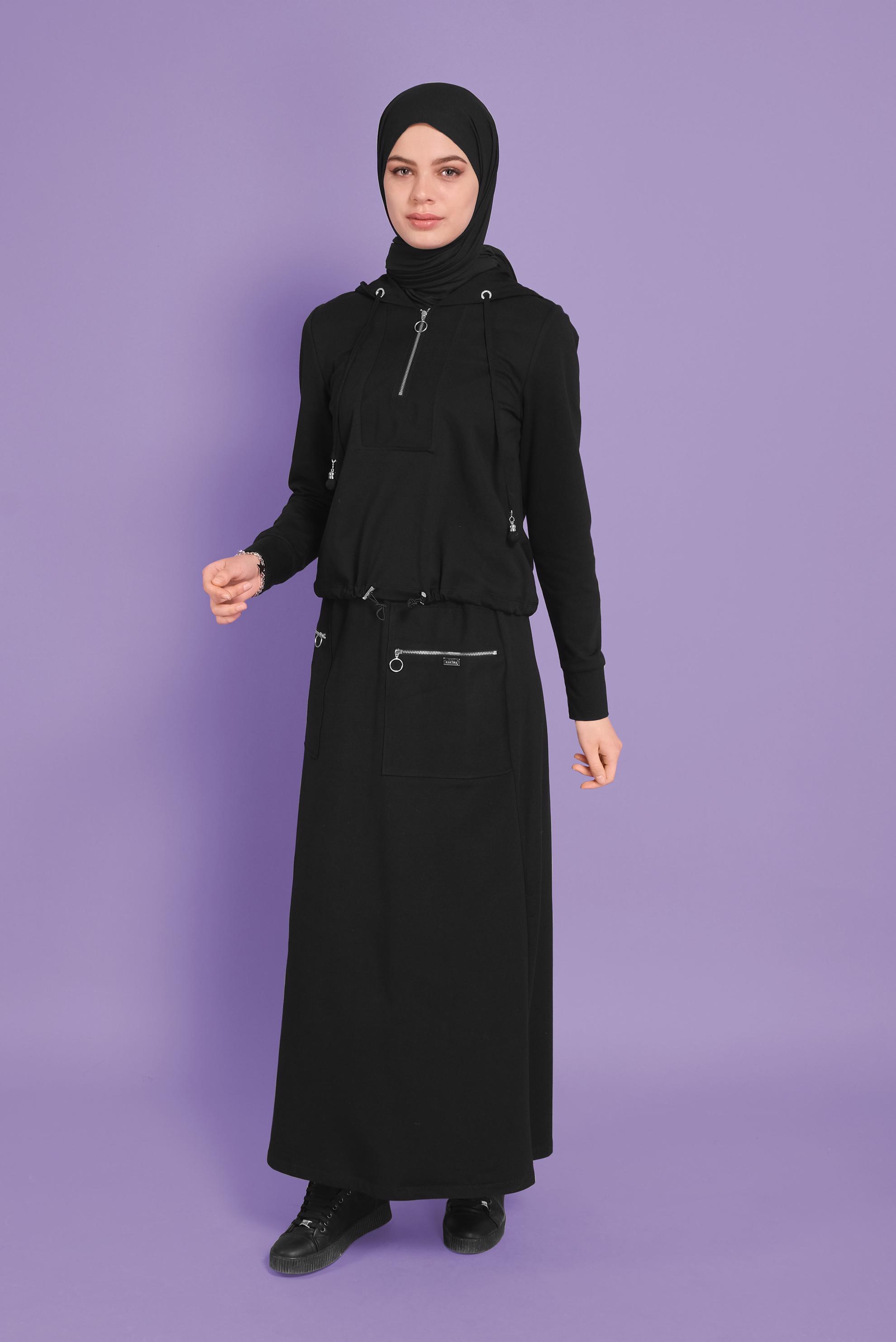 Tesettür giyim SİYAH KAPÜŞONLU FERMUARLI İKİLİ ETEKLİ EŞOFMAN TAKIM 41456 