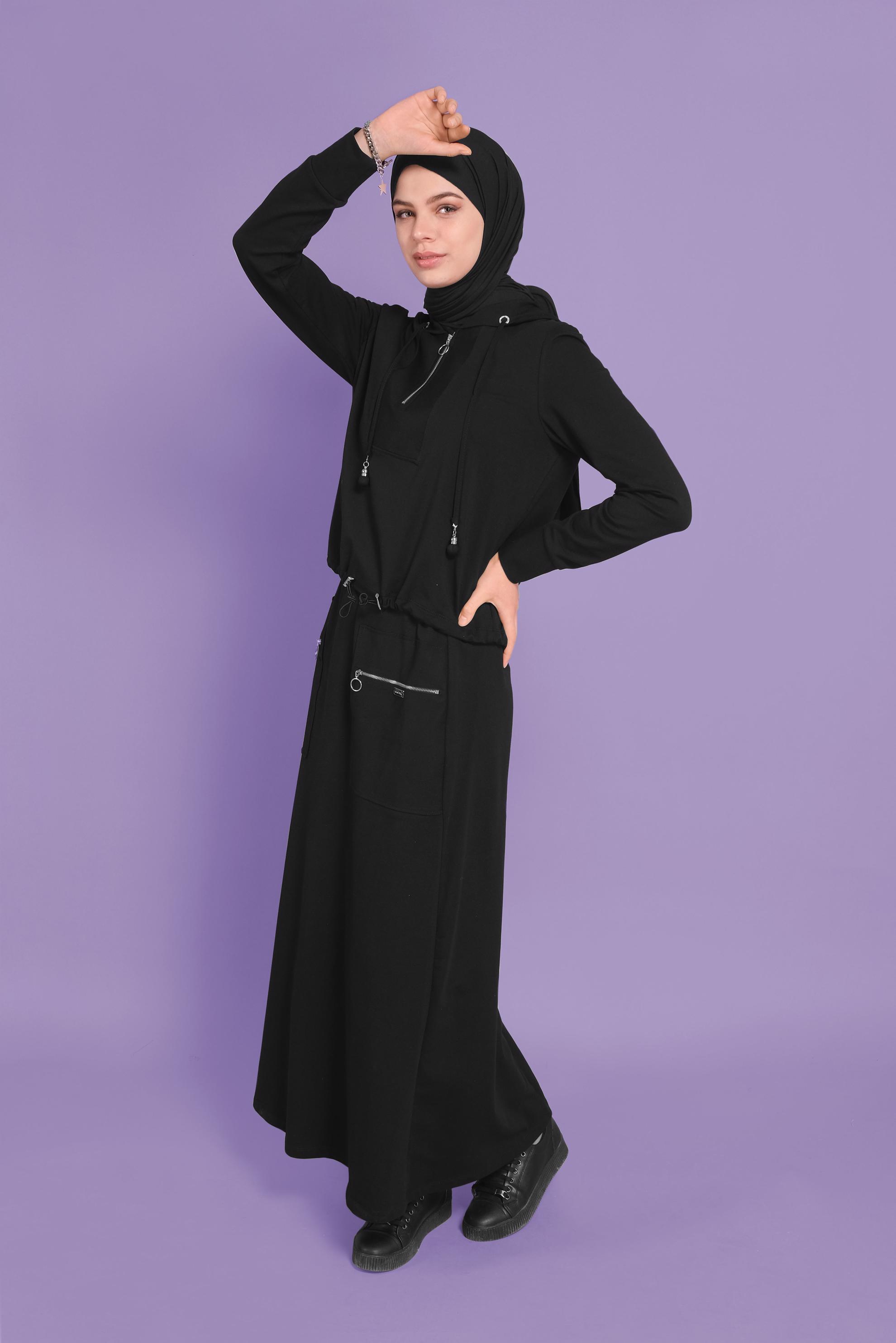 Tesettür giyim SİYAH KAPÜŞONLU FERMUARLI İKİLİ ETEKLİ EŞOFMAN TAKIM 41456 