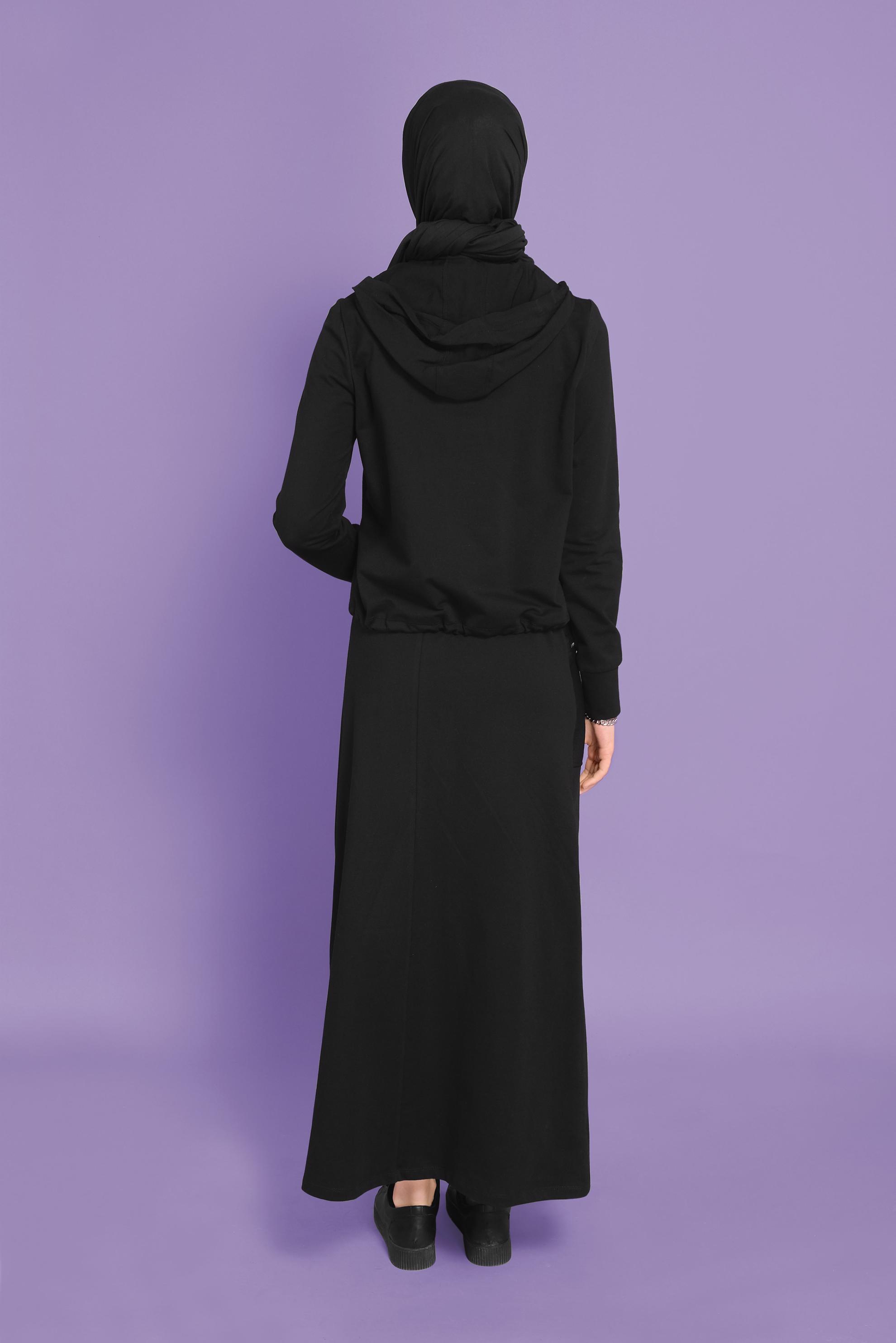 Tesettür giyim SİYAH KAPÜŞONLU FERMUARLI İKİLİ ETEKLİ EŞOFMAN TAKIM 41456 
